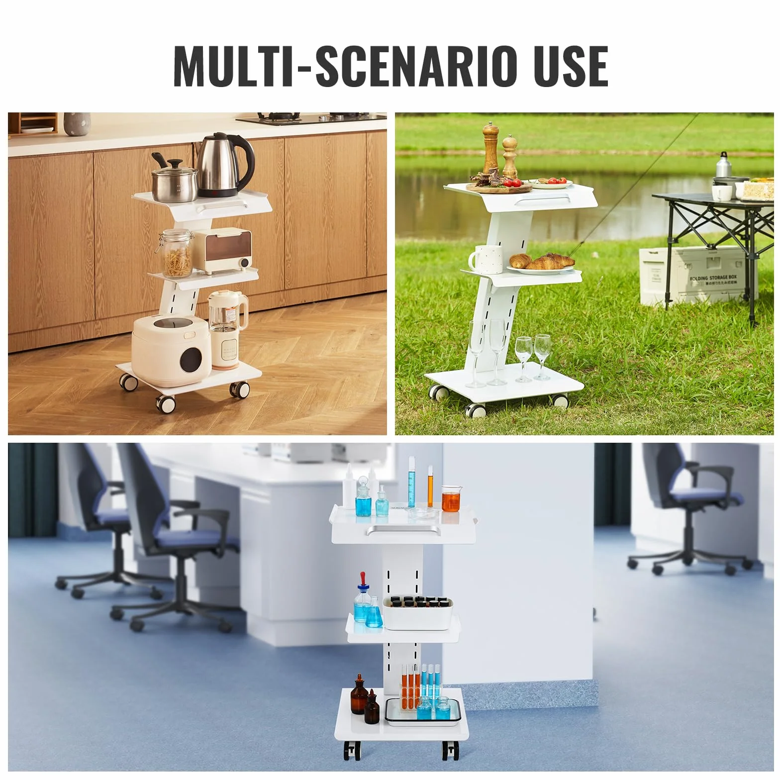 VEVOR Carro de Laboratorio, Carro de Servicio Médico con Enchufe, 3 Capas, Ruedas Giratorias, 100 kg