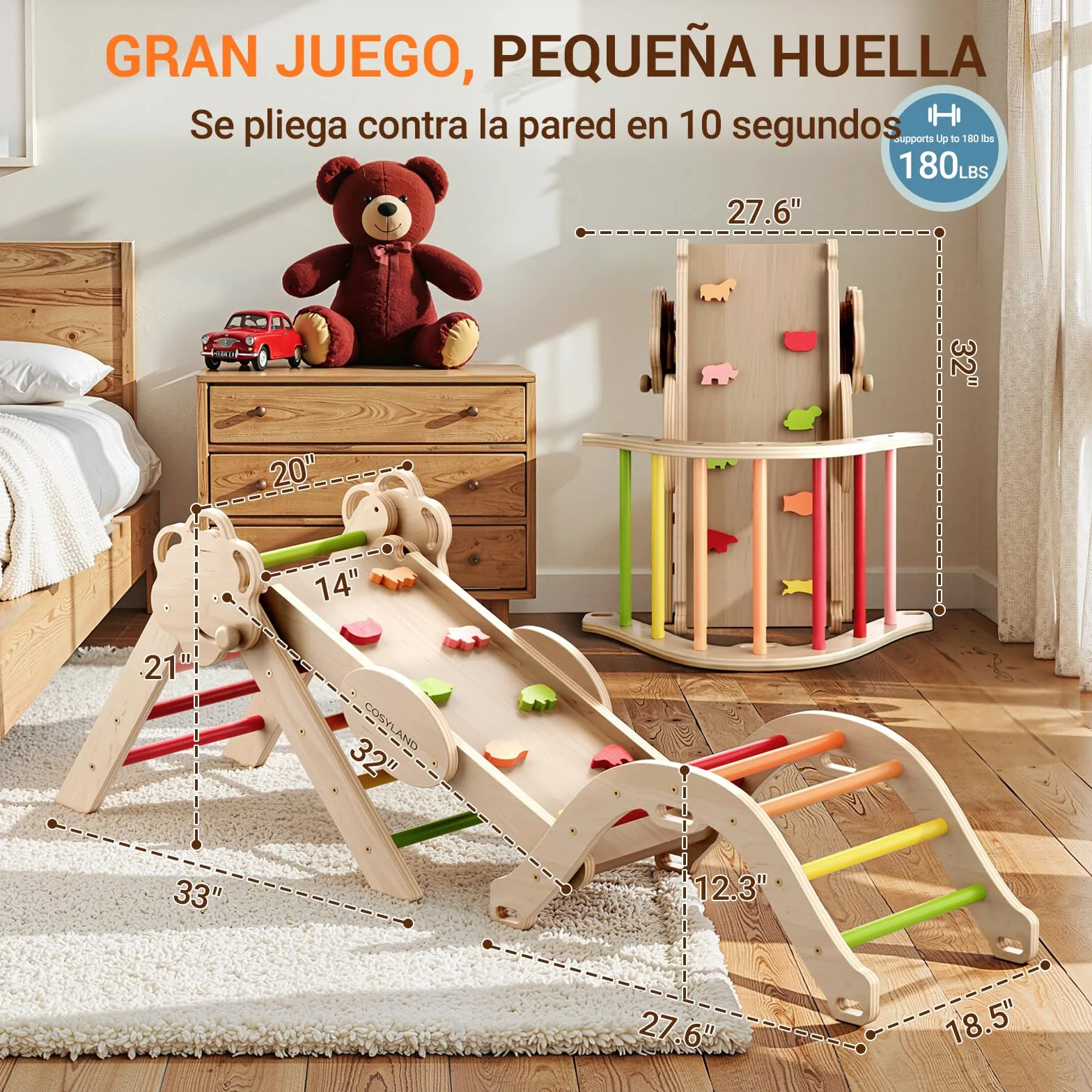 COSYLAND Triángulo de Escalada Montessori 8 en 1 con Arco y Rampa, Juguete de Madera para Niños 18 Meses-6 años