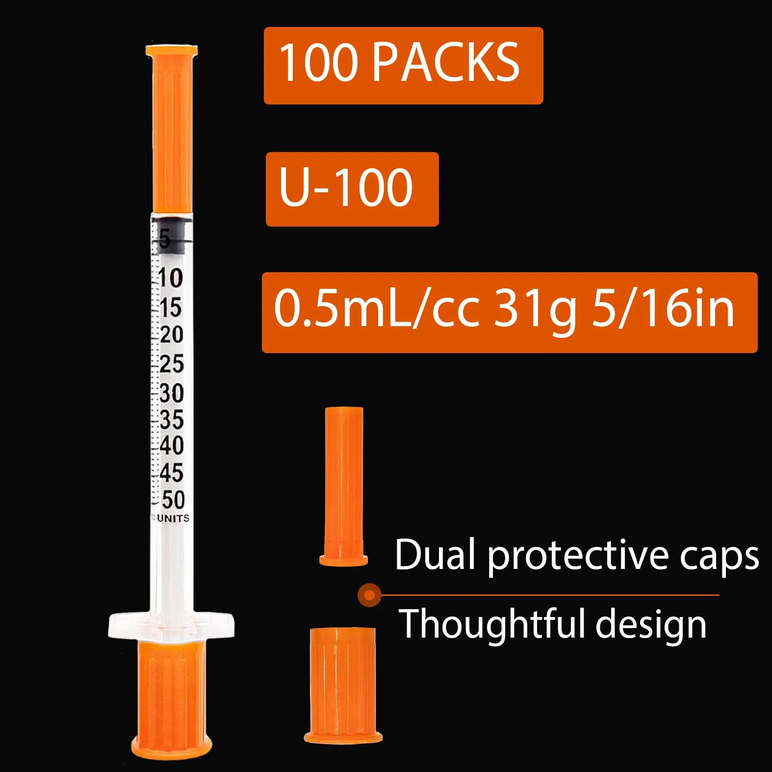 Jeringa de 1/2 mL/cc 31G 5/16 pulgadas para suministros de recarga de laboratorio, envueltas individualmente, paquete de 100