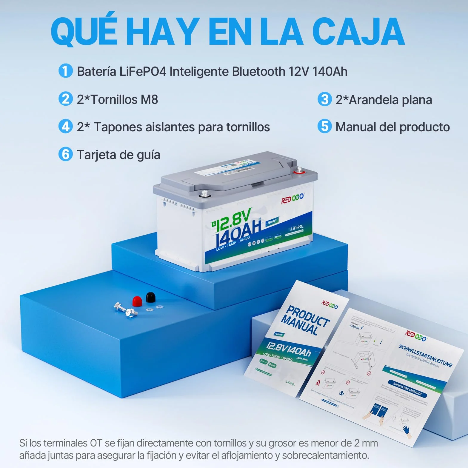 Batería Litio Redodo 12V 140Ah H190 LiFePO4 BMS 150A Bluetooth 1792Wh 15000 Ciclos Protección Baja Temperatura