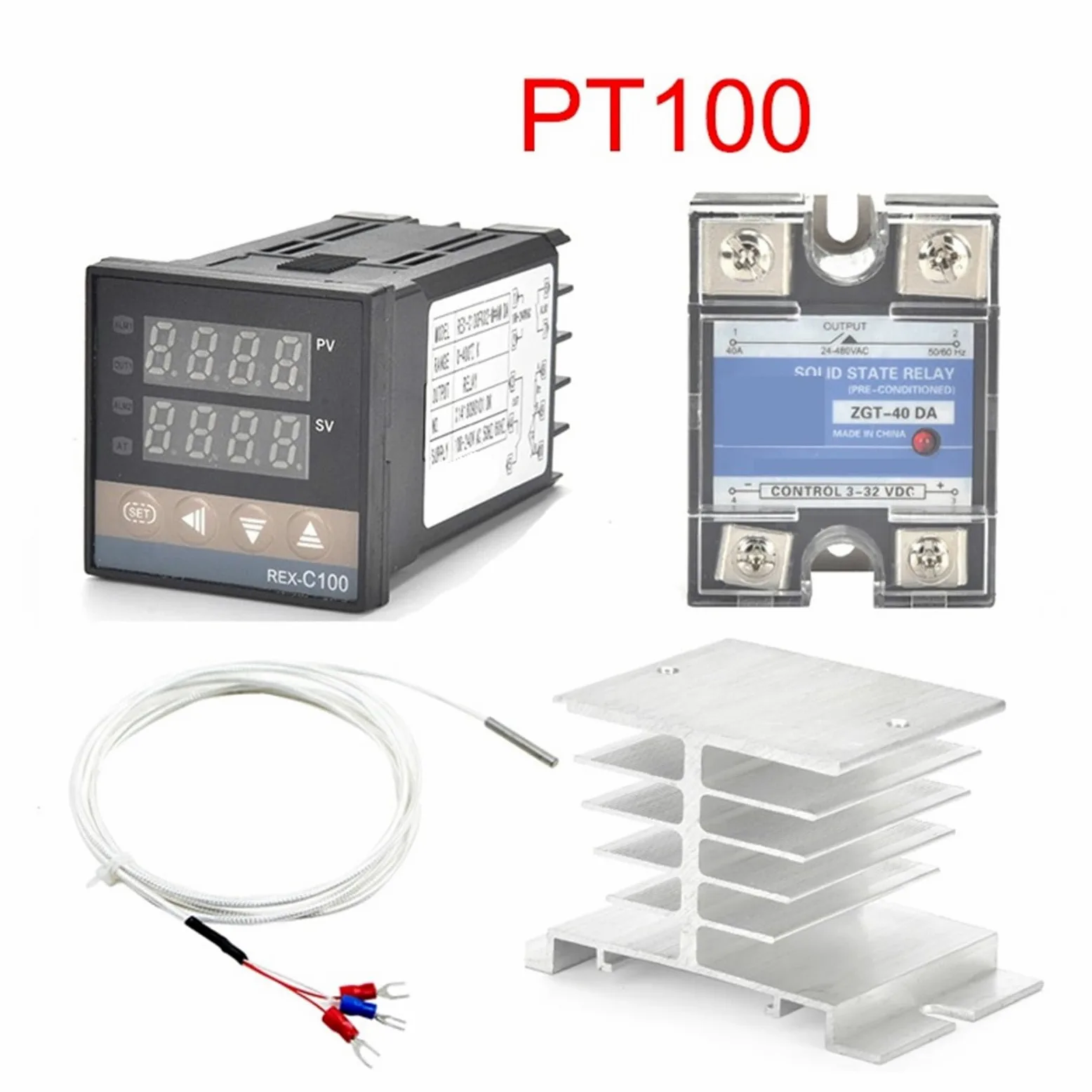 Controlador de temperatura Digital REX-C100 PT100, termostato con salida SSR, relé 40DA SSR, disipador de calor de radiador de aluminio, resistencia de 1m, 1 Uds.(Set 4)