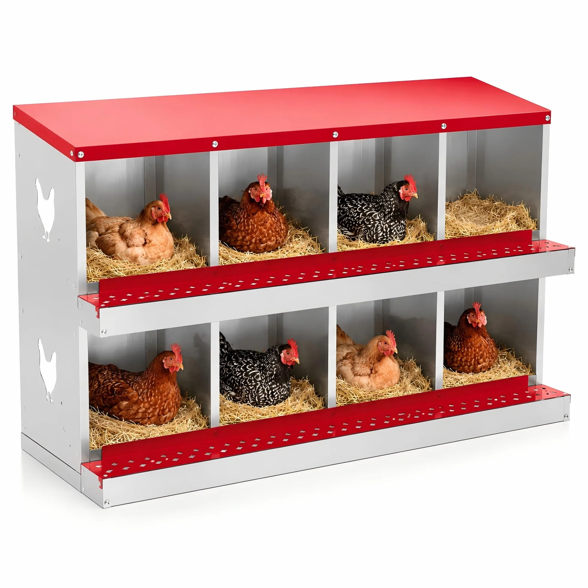 Garvee Caja Nido para Gallinas 8 Compartimentos, Nidal de Acero Galvanizado con Ventilación Lateral, Bandeja Extraíble
