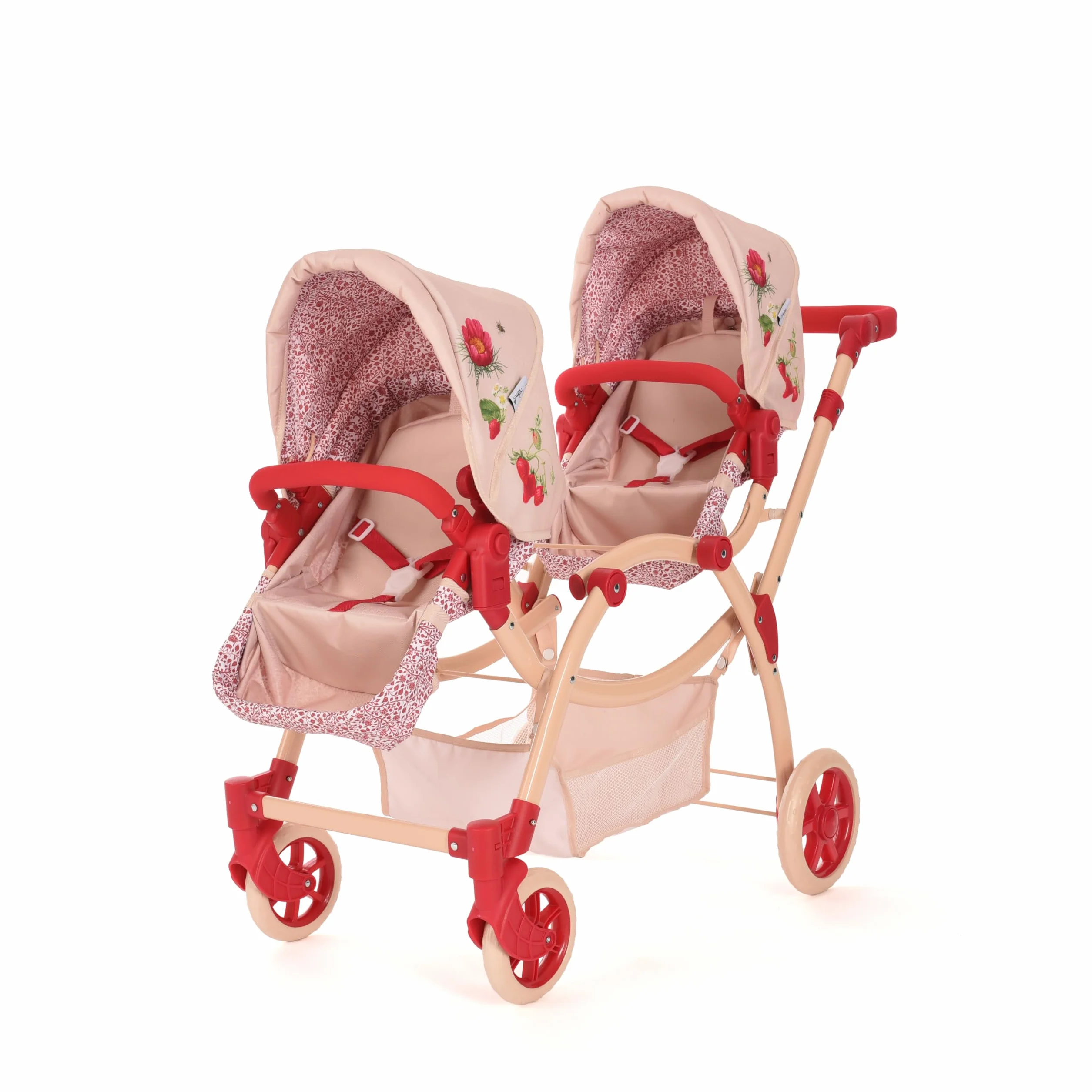Cochecito para Muñecas Gemelas Roma RHS Flora, Silla de Paseo Doble, Color Crema y Rojo Baya, Manillar Ajustable 69-84 cm