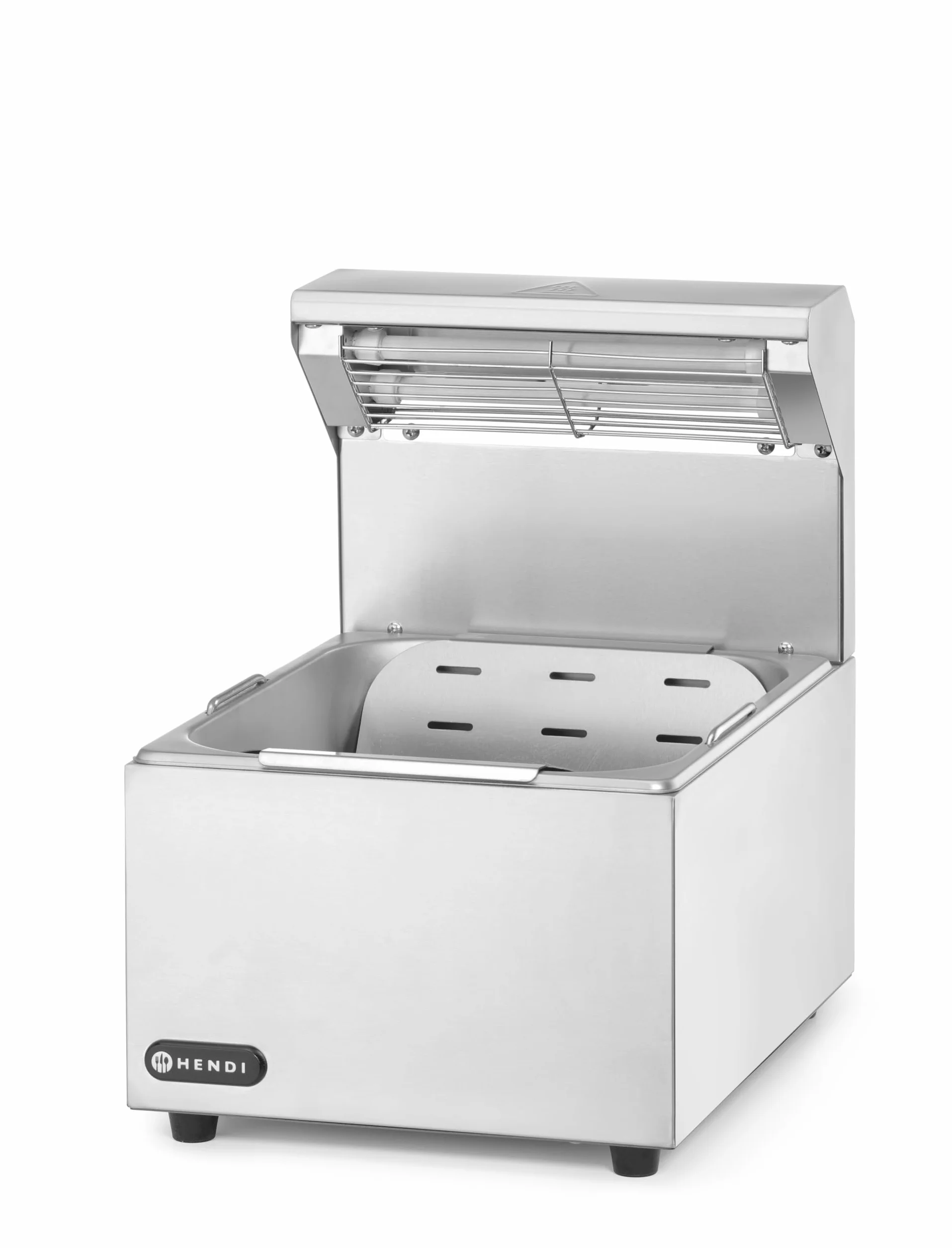 HENDI Calientapatatas fritas eléctrico con lámpara infrarroja, bandeja perforada, cubeta GN 1/2, 220V, 400W, 357x267x376mm, acero inoxidable