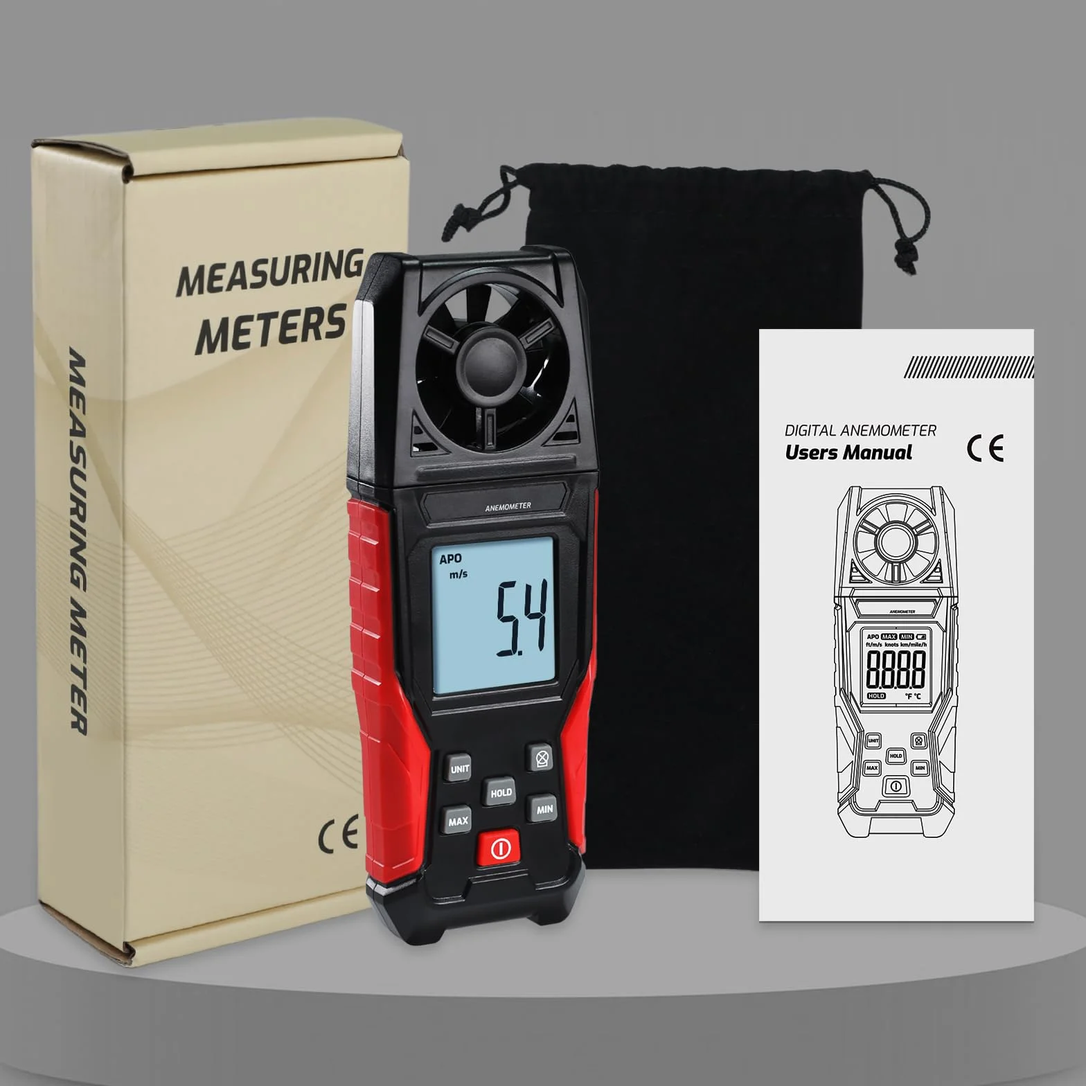 Anemómetro Digital Medidor de Velocidad del Viento 0.3-30 m/s Temperatura Pantalla Retroiluminada Max/Min