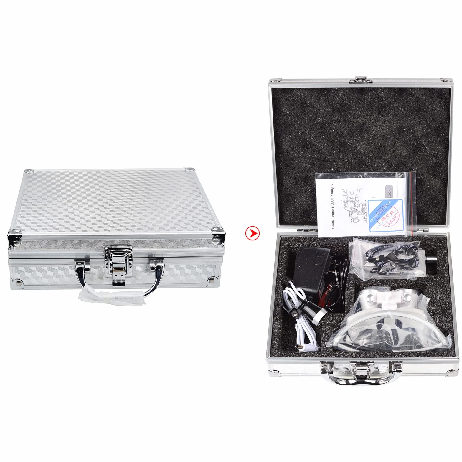 Bonew Dental Binocular Loupes Kit 3.5x 420mm LED Headlight Aluminum Case Silver
