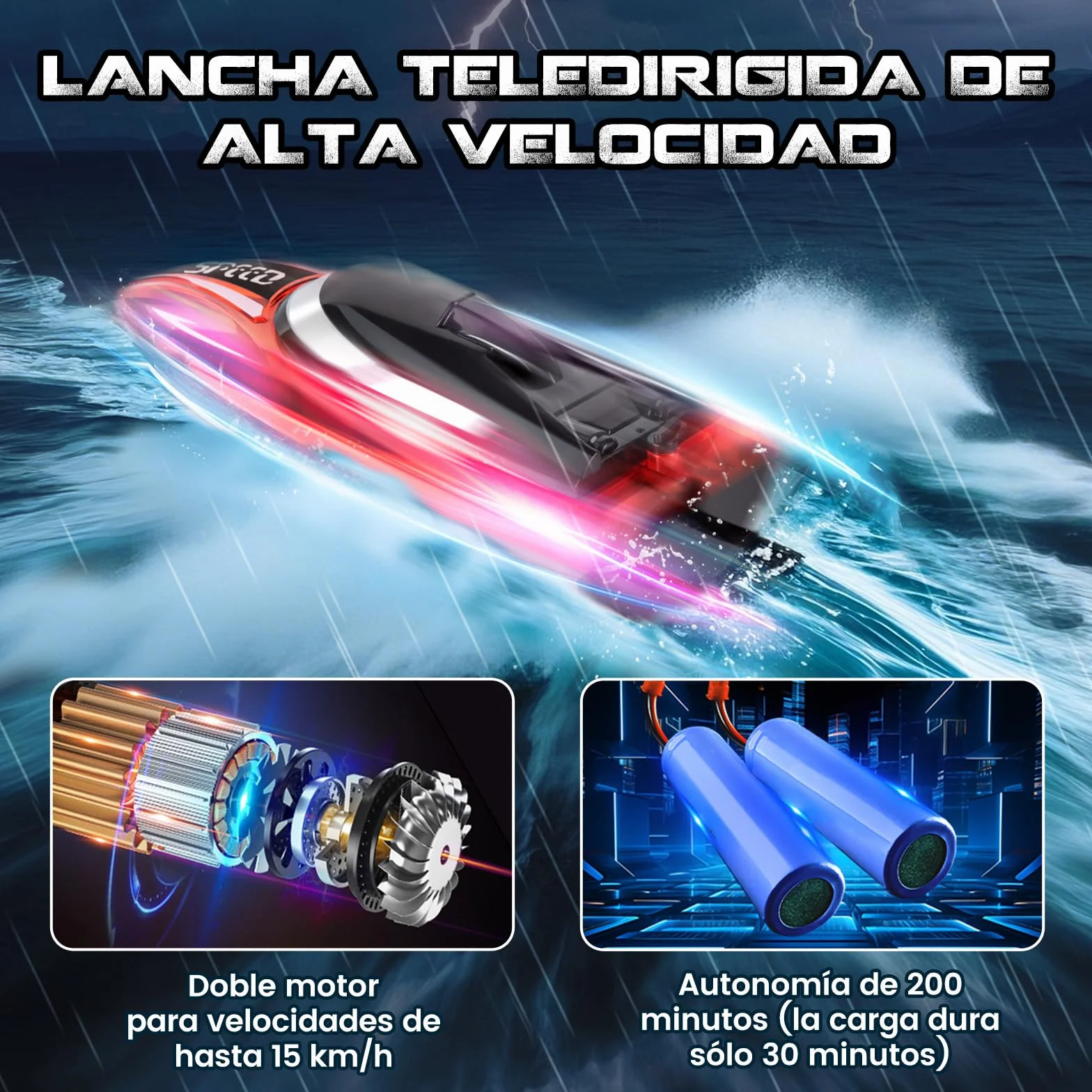 Barco Teledirigido 2.4GHz con Luces LED, Alarma de Batería Baja, 2 Piezas, RC Regalo para Niños y Adultos (Rojo + Azul)