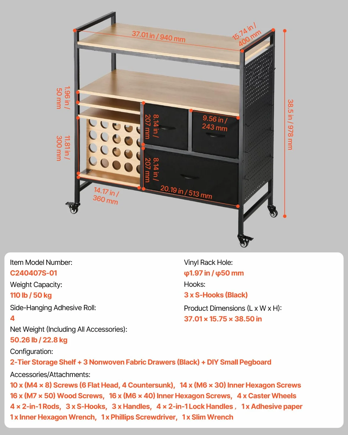 VEVOR Carrito de Manualidades con Ruedas y Mesa de Almacenamiento, Mesa Cricut Plegable con Lados Plegables, 20 Soportes para Rollos de Vinilo y 3 Cajones, Compatible con Máquinas Cricut, Negro