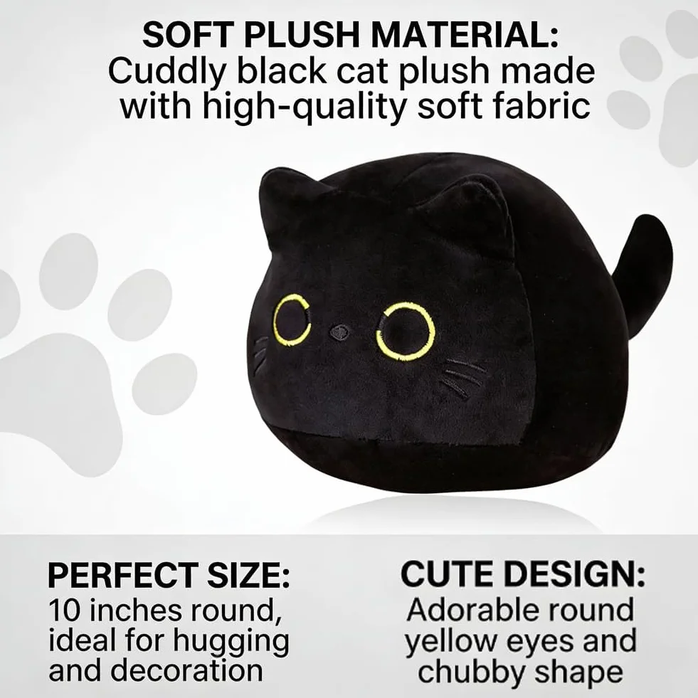Peluche Gato Negro 25cm Almohada de Peluche Muñeca de Felpa Regalo para Amantes de Gatos