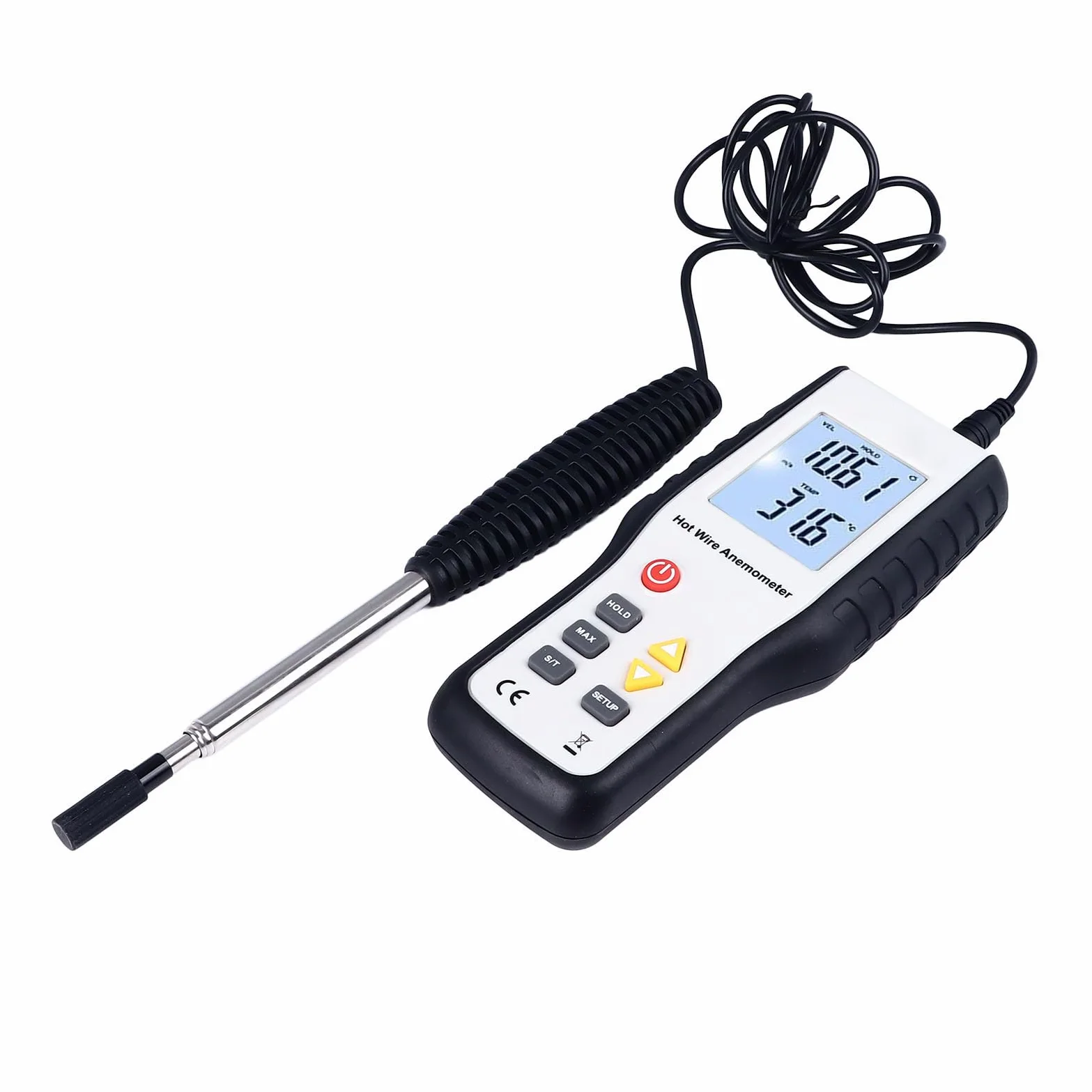 Cocoarm Anemómetro Térmico ABS Medidor de Velocidad del Viento LCD de Acero Inoxidable con Sonda Extensible de 1000 Mm Pantalla Retroiluminada Grande Lectura de Unidades Múltiples para Uso en el