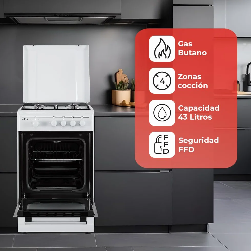 Nilson Cocina Gas Butano 4 Zonas Horno 43 L Blanco NKG4500TM