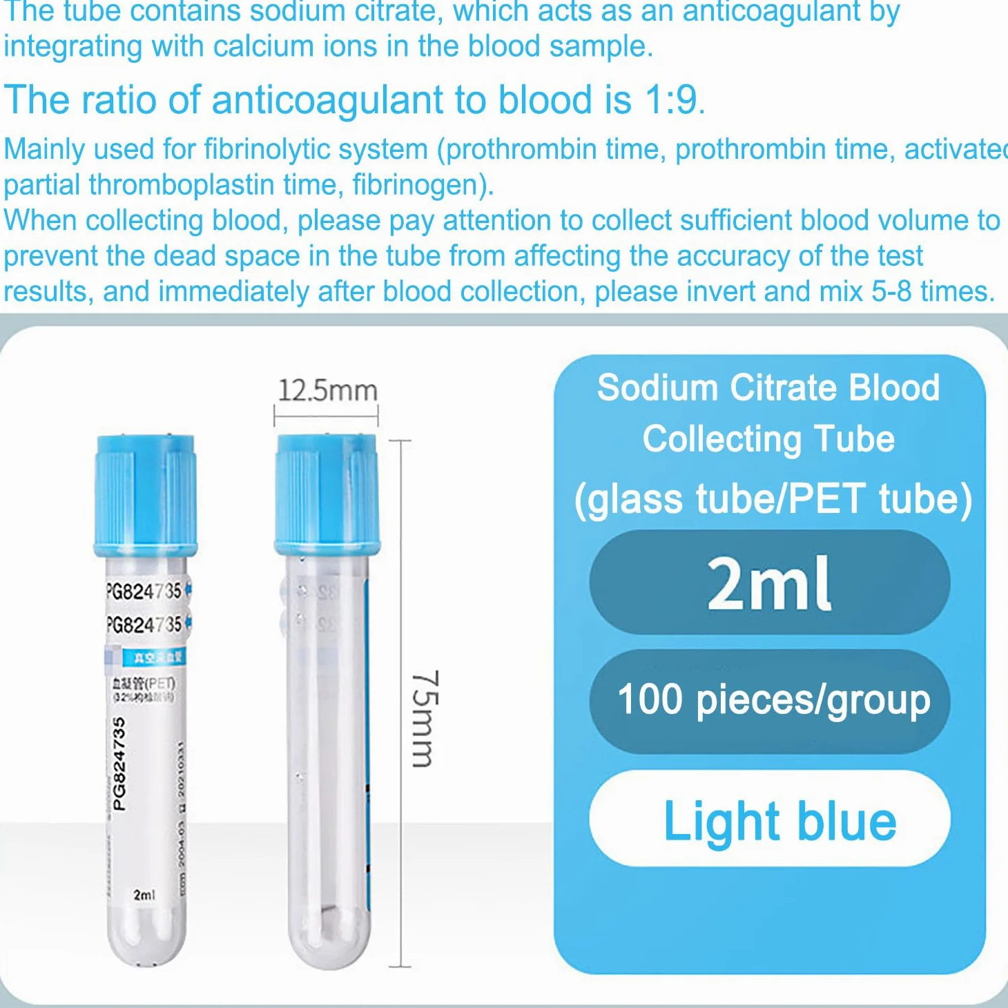 100pcs/pack Citrato De Sodio Tubo De Recogida De Sangre, Desechables De Presión Negativa Tubo De Vacío Con Tapa Azul, Citrato De Sodio 1:9, Tubo Vidrio/Tubo Plástico Opcional, Para Laboratorio