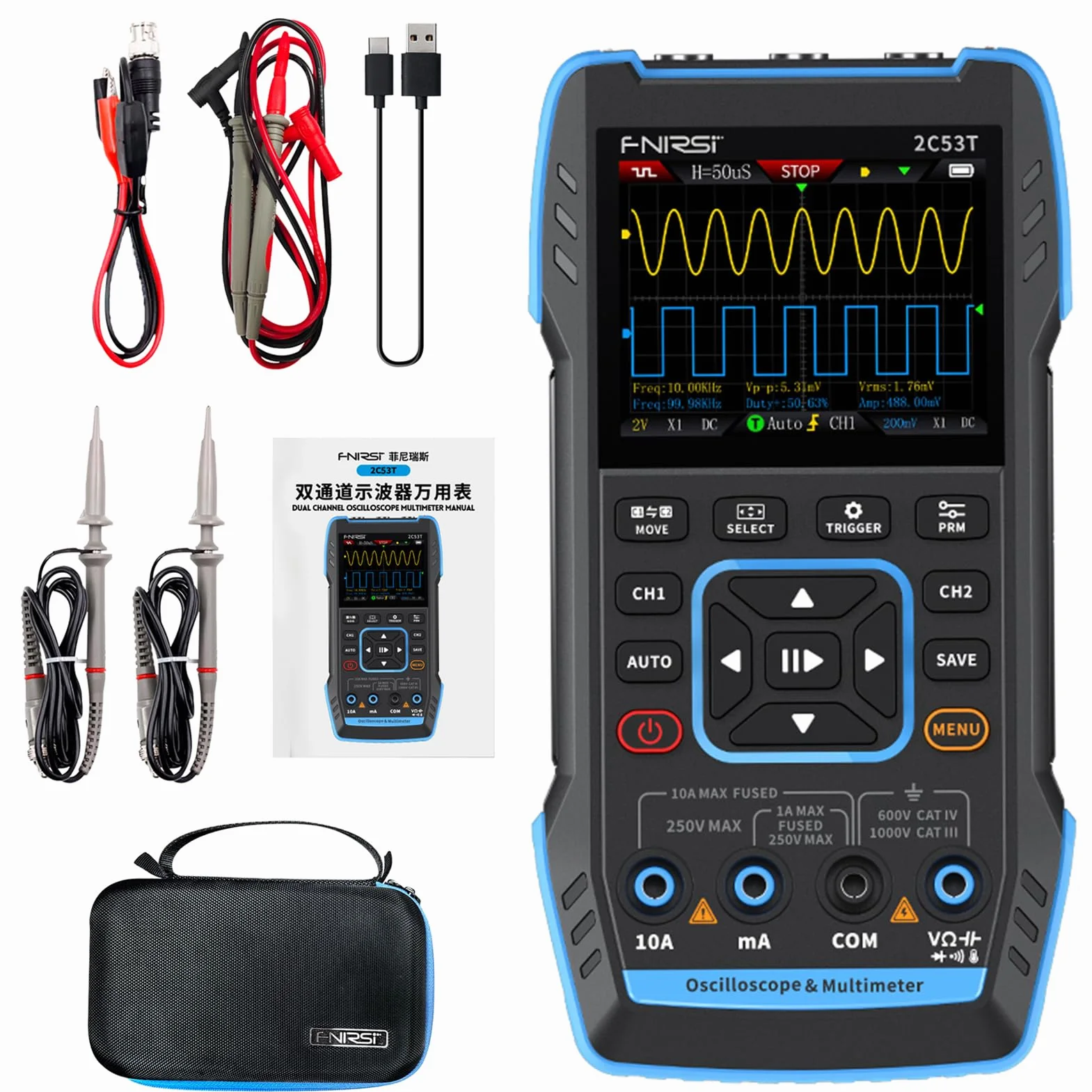 Osciloscopio Portátil 2C53T, 3 En 1 Digital Multímetro Osciloscopio Portátil 3 En 1 Ancho De Banda De 2 Canales 50MHz 250MS/s, 19999 Recuentos, Voltaje, Corriente, Condensador