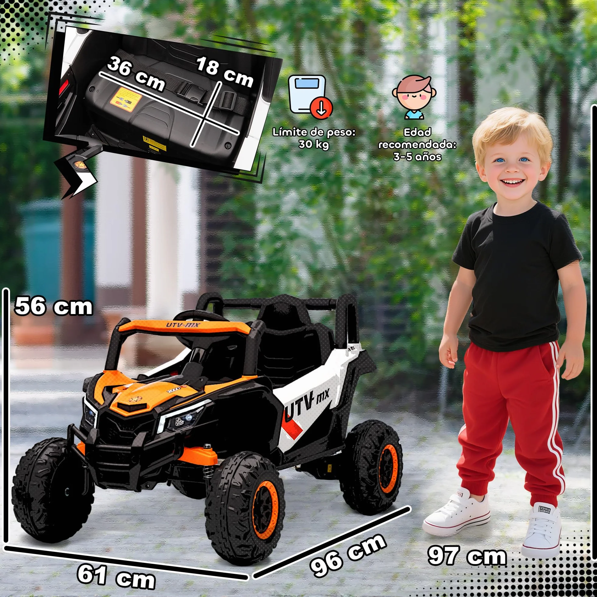 AIYAPLAY Coche Eléctrico 12V UTV 2 Motores Control Remoto 2,4G Velocidad 7 km/h Suspensión Faros USB para Niños +3 Años Naranja