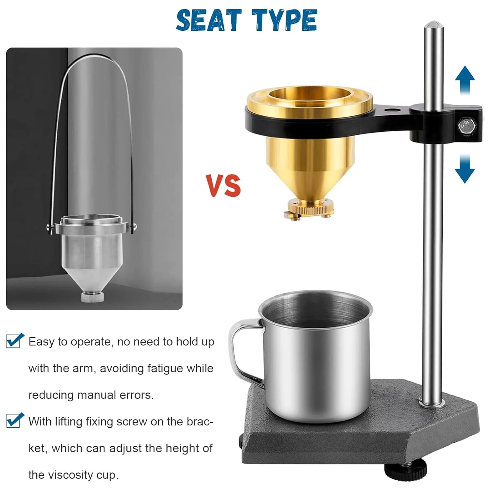 Viscosímetro Flow Cup con soporte ajustable y cronómetro para pruebas precisas de viscosidad en revestimientos, tintas y adhesivos