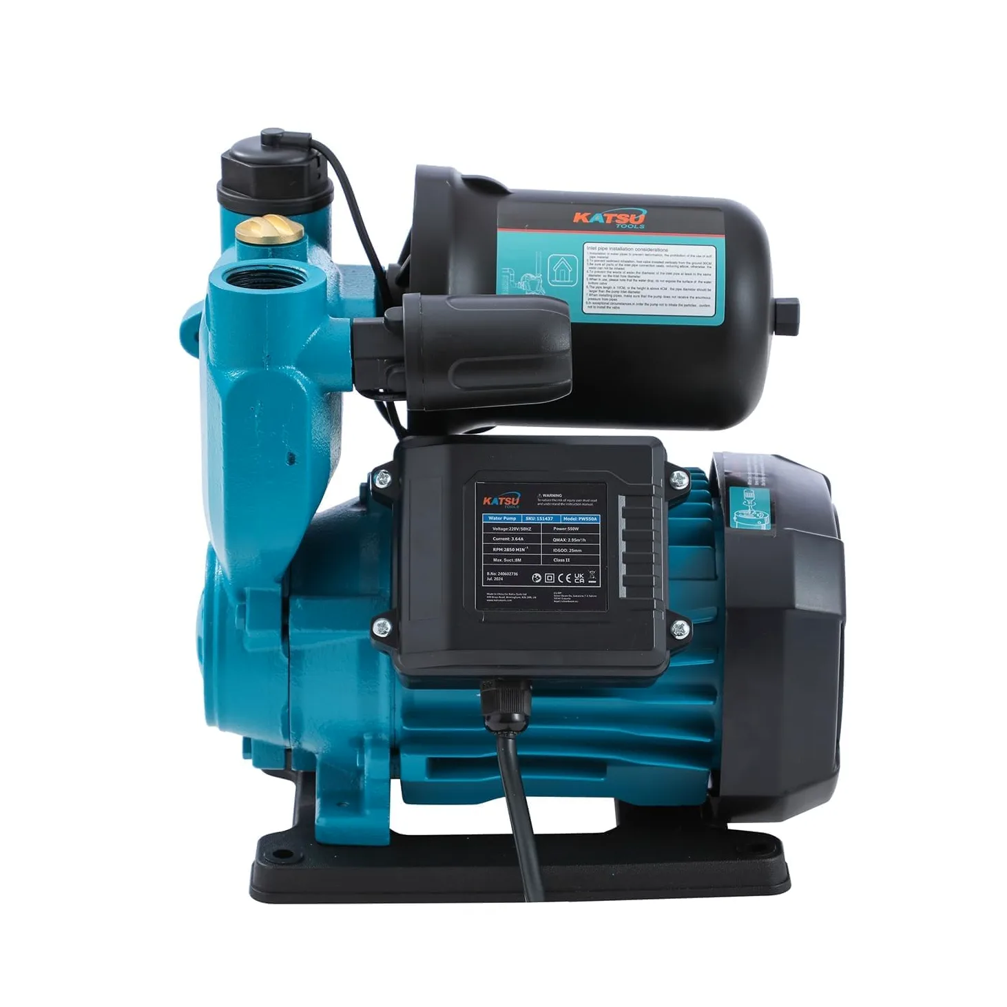KATSU Bomba de Refuerzo de Agua de 550W, Automático Control de Presión, Autocebante Adecuado para Grifos de Agua para el Hogar y el Jardín 151437