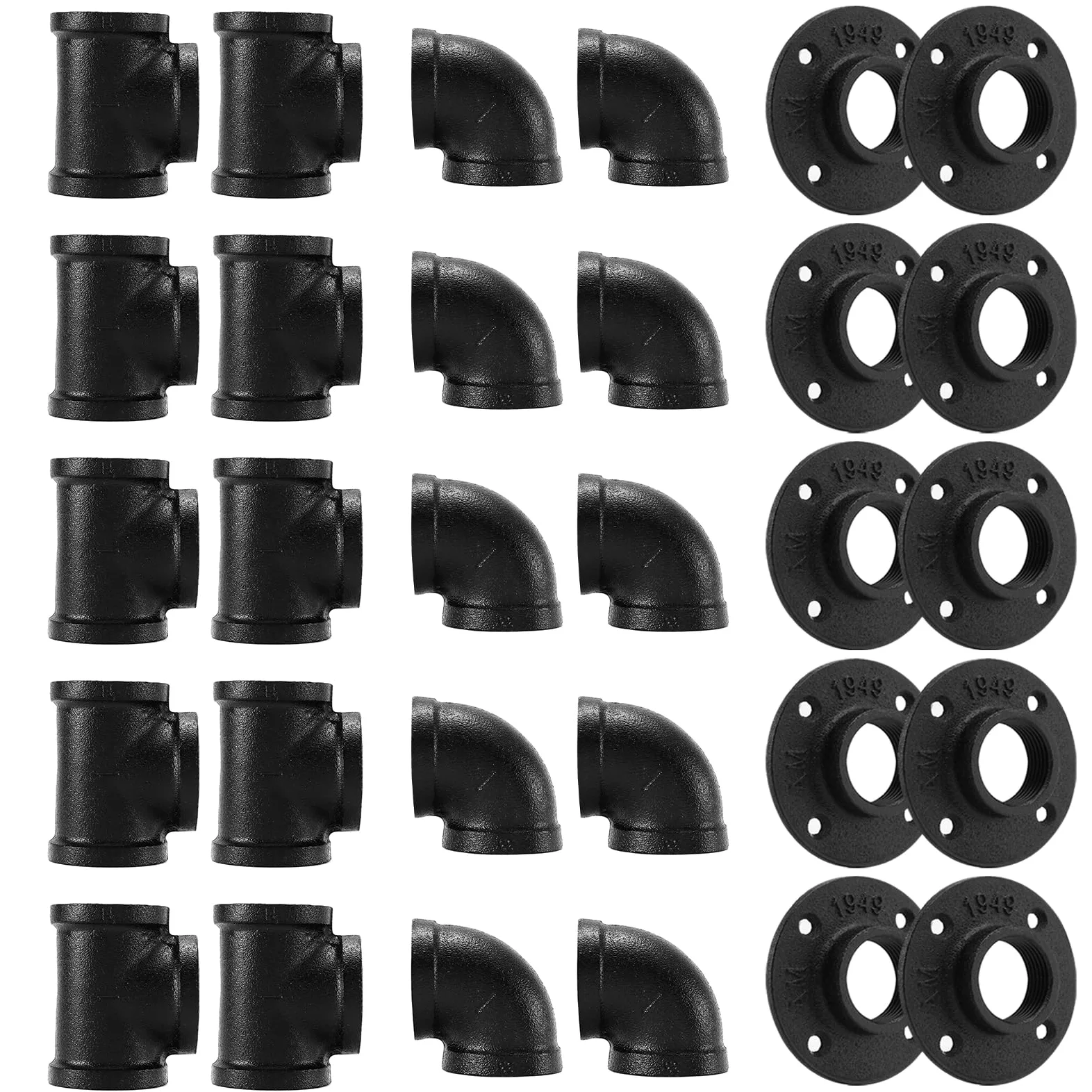 Accesorios de tubería negros de 1 pulgada, paquete de 30 bridas de suelo negras de 1 pulgada, codo y T para estilo industrial vintage, bridas/codo/T con agujero roscado para proyectos de
