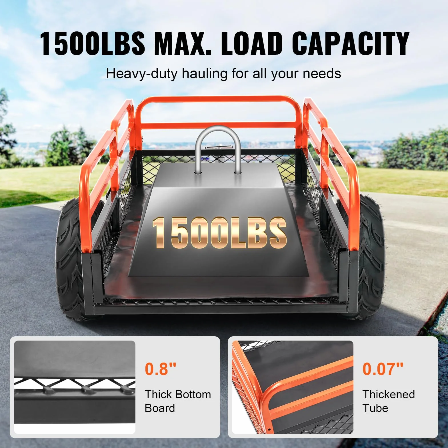 VEVOR Remolque Volquete Capacidad de Carga de 680kg Remolque Utilitario de Jardín Resistente con Laterales Extraíbles Carro de Transporte Volquete de 0,4m³ para Tractor, Cortacésped, ATV, 200x66x76 cm