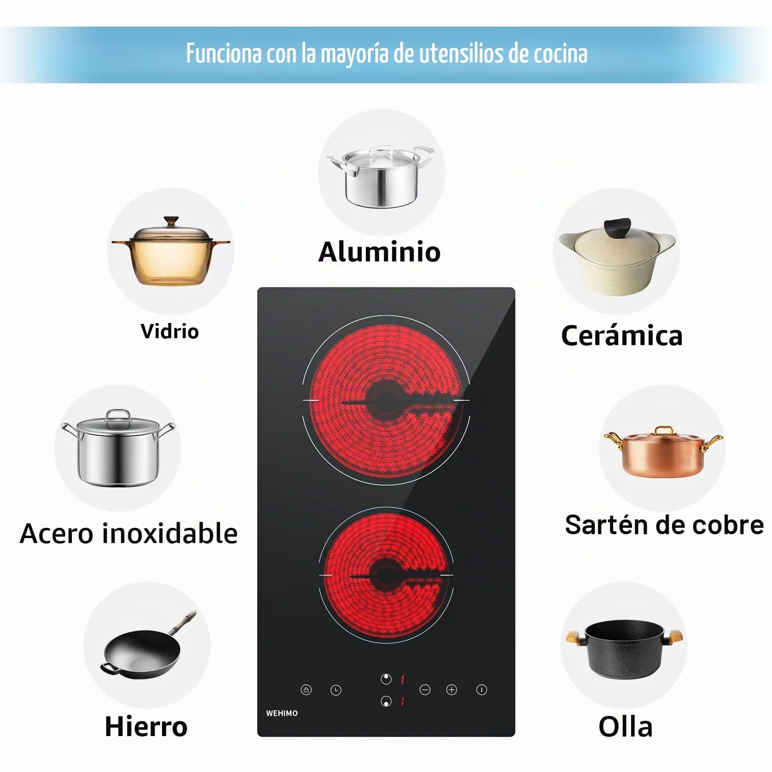 WEHIMO Placa Vitrocerámica 2 Zonas 3000W Control Táctil Seguridad Infantil Temporizador