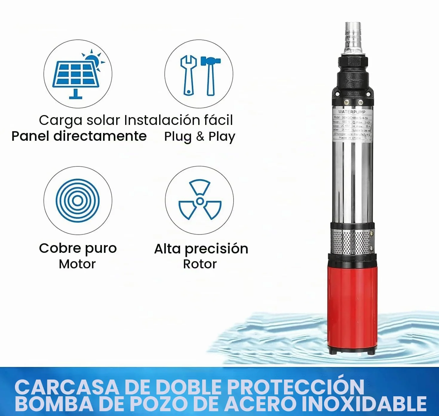 bomba de pozo profundo Ascensor 35m Bomba de agua sumergible de acero inoxidable de tubo de 3 pulgadas 1 en salida 300W 24V Bomba sumergible solar de DC para Piscina Riego Agrícola Jardín