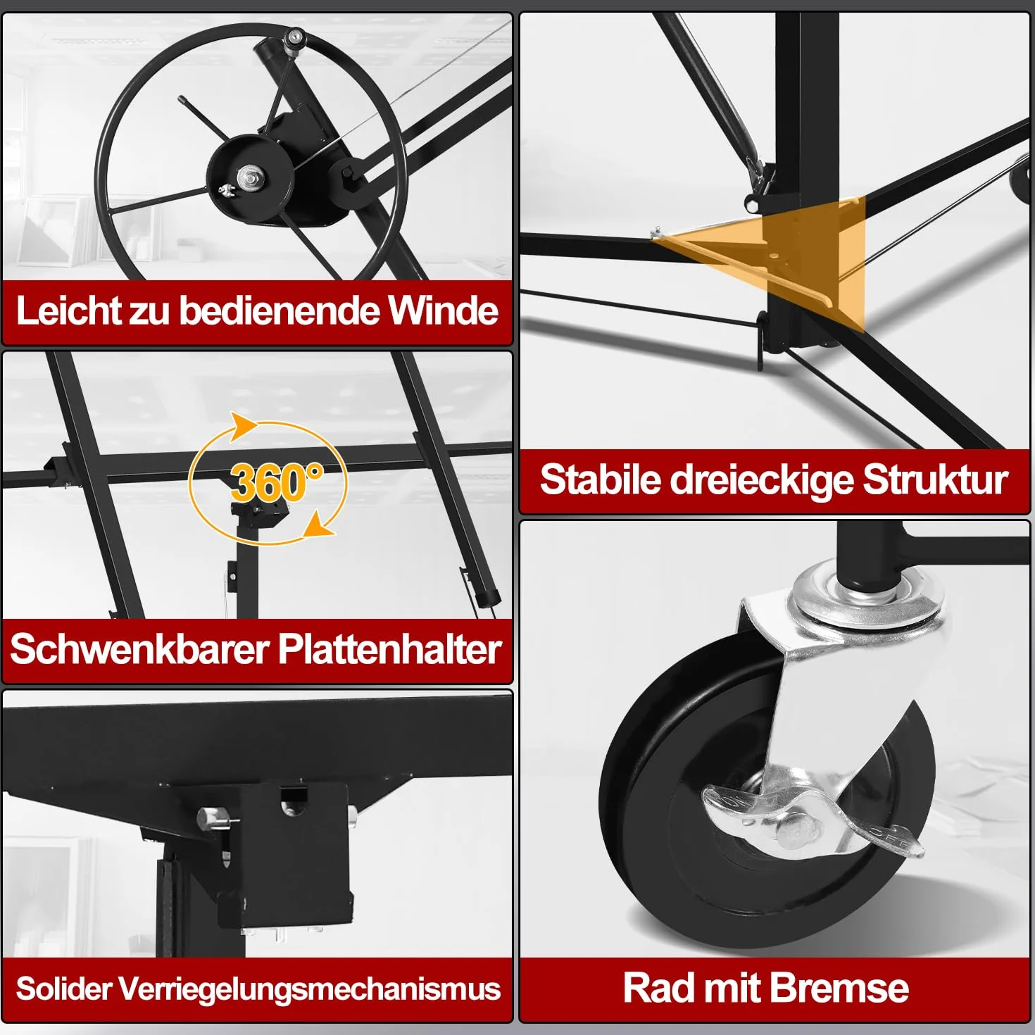 Sonnewelt - Elevador de placas negro, 68 kg de carga, plegable, altura ajustable XXL de 140 cm a 350 cm, ancho máximo del brazo de carga de 290 cm