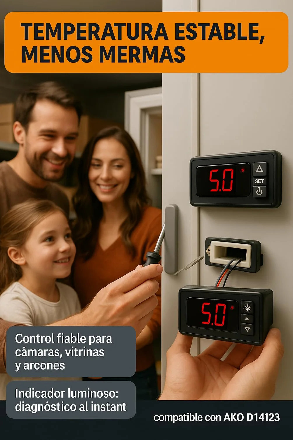Termostato Digital Panelable RO Linea Blanca 230V 16A IP54 Compatible AKO D14123 Sonda NTC 1.5m