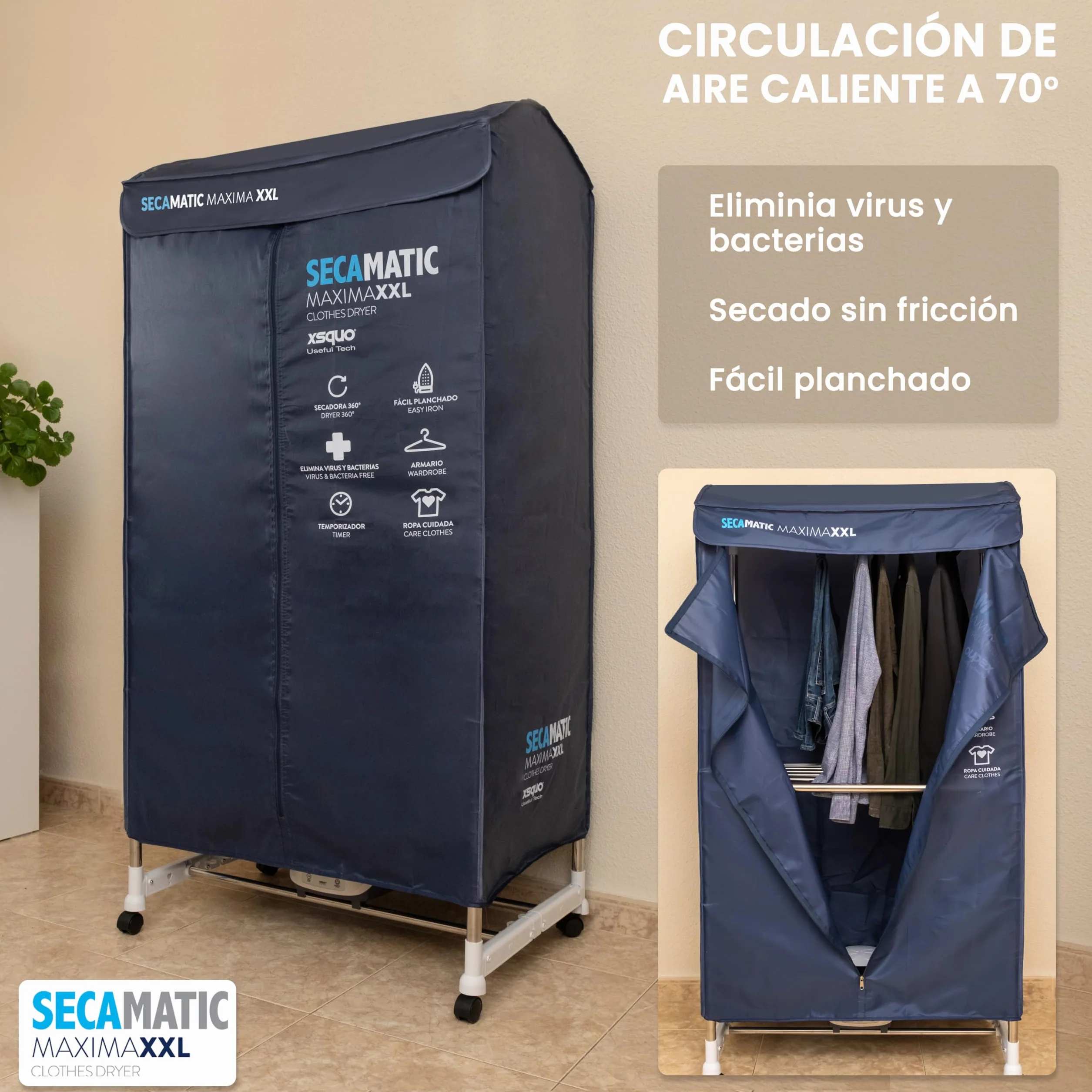 Secadora de ropa Secamatic XXL 1500W 12 kg 20 kg Tendedero Armario control remoto Temporizador digital 180 min ECO Turbo Plus Frio