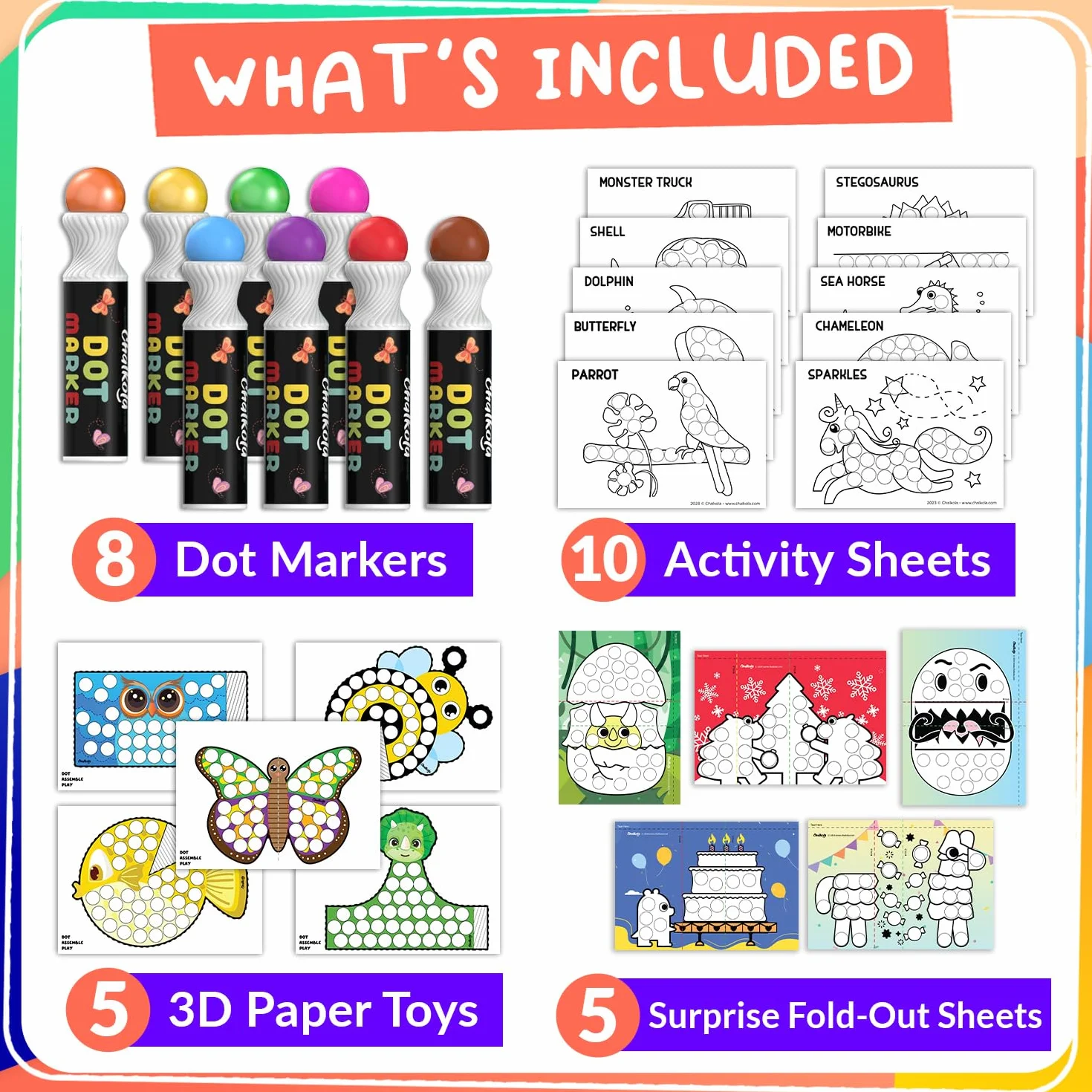 Chalkola 8 Rotuladores de Punto Lavables para Niños Pequeños – No Tóxicos, Sellos de Bingo, Marcadores de Punto con Libro de Actividades