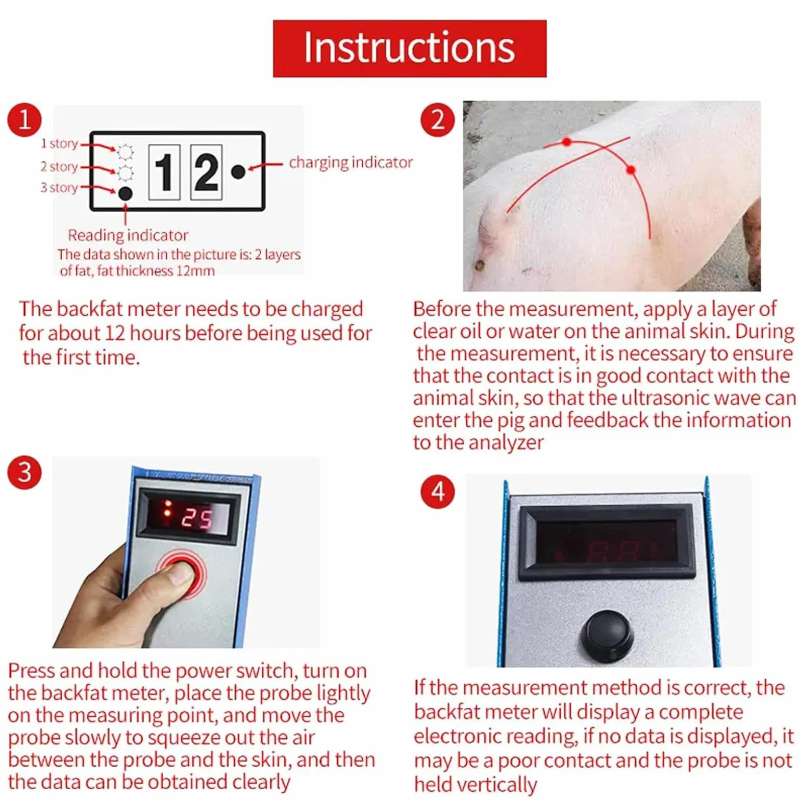 Probador de medida de grasa de espalda de cerdo veterinaria, detector de criterio de medidor de espesor de grasor de cerdo ganado con tres luces indicadoras, rango de medición de 4-45 mm, para la gran