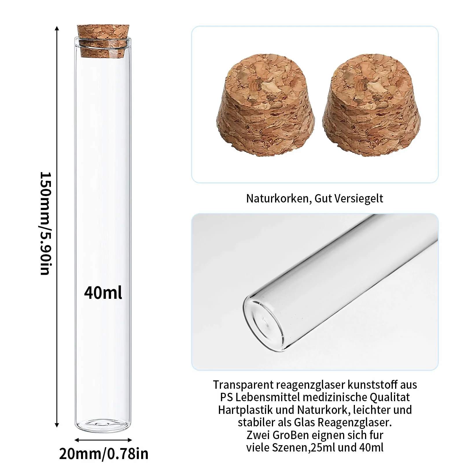Tubos de Ensayo de Vidrio Transparente 11 Pzs 40 ml con Corcho y Tapones para Decoracion DIY