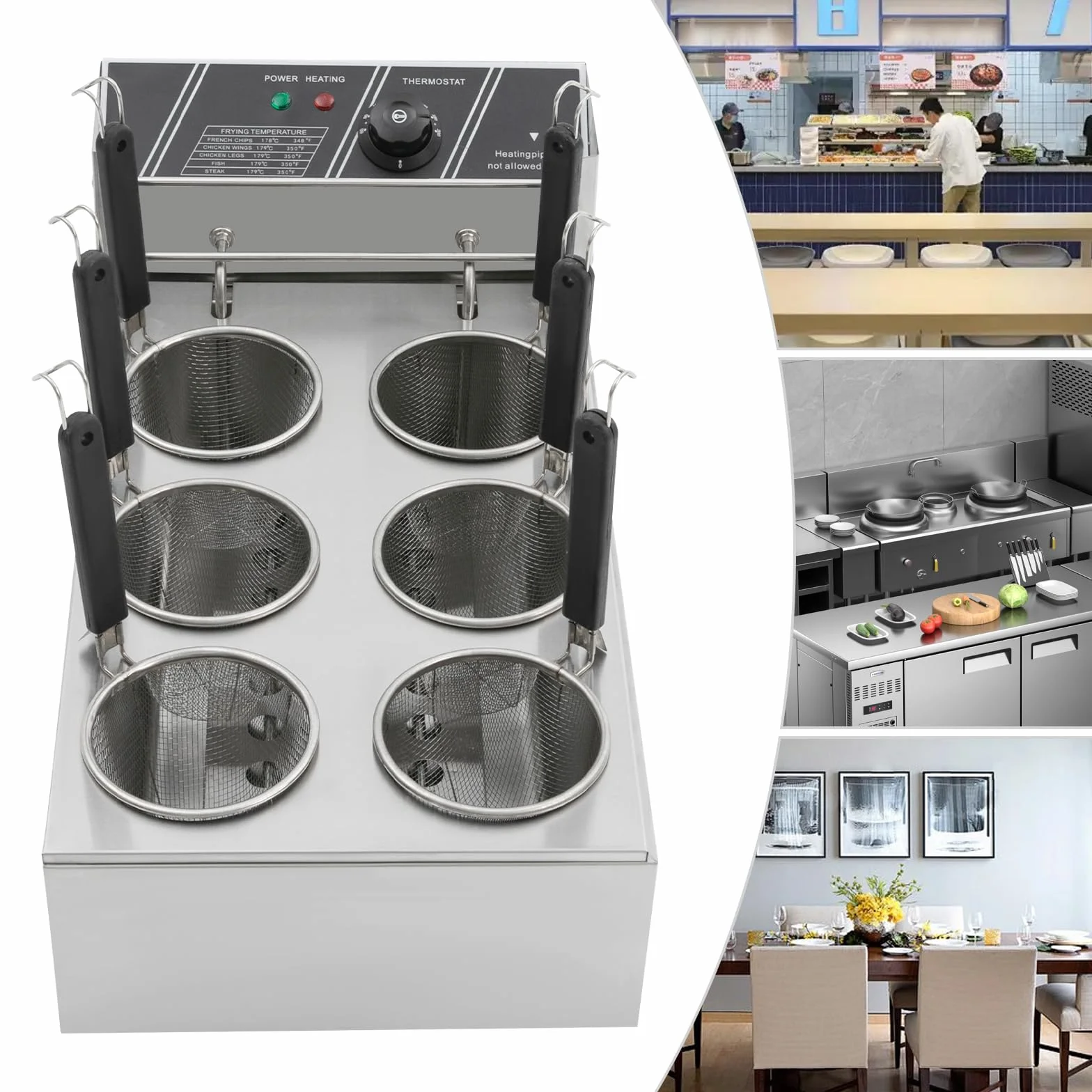 Hervidor de pasta eléctrico, 6 cestas, acero inoxidable, 2000 W, 20 L, calefacción rápida 60 – 200 °C, restaurante merienda, 6 ingredientes paralelos, 64 x 35 x 31 cm