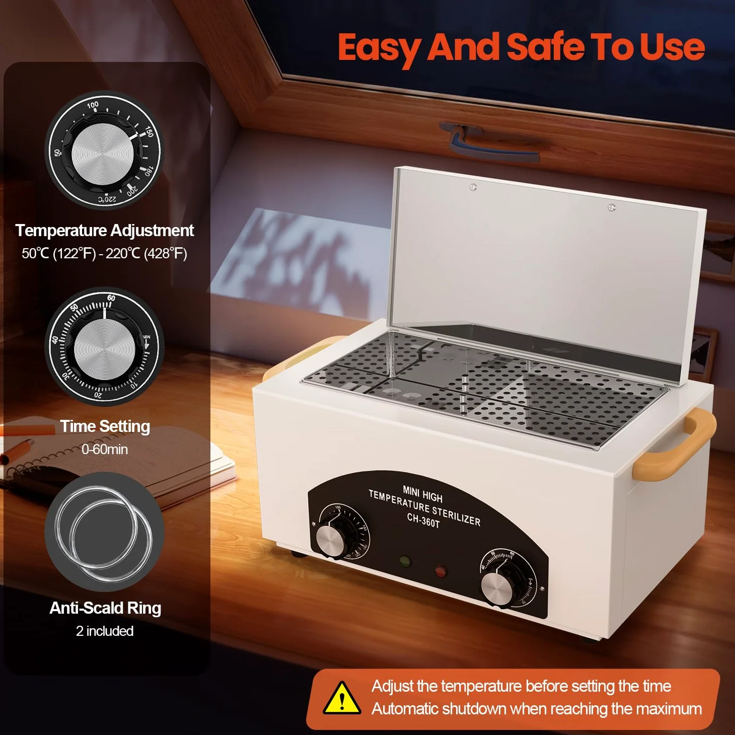 Máquina limpiadora de herramientas de metal de alta temperatura, caja de limpieza de calor seco de 2 litros con ajuste de temperatura y tiempo, gabinete de limpieza con asa, para salón de belleza