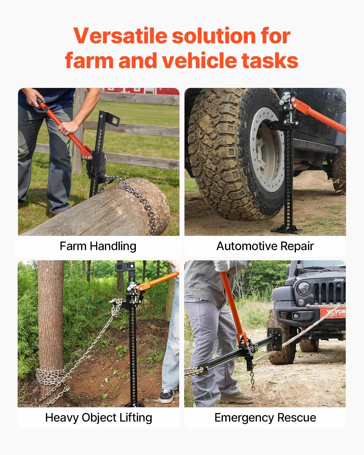 VEVOR Gato Agrícola con Base 122 cm con Elevación Alta y Trinquete Carga Máxima de 3,18 T para Uso Todoterreno de Alta Resistencia con Rango de Elevación de 130,1-1079,5 mm para Tractor, Camión, SUV
