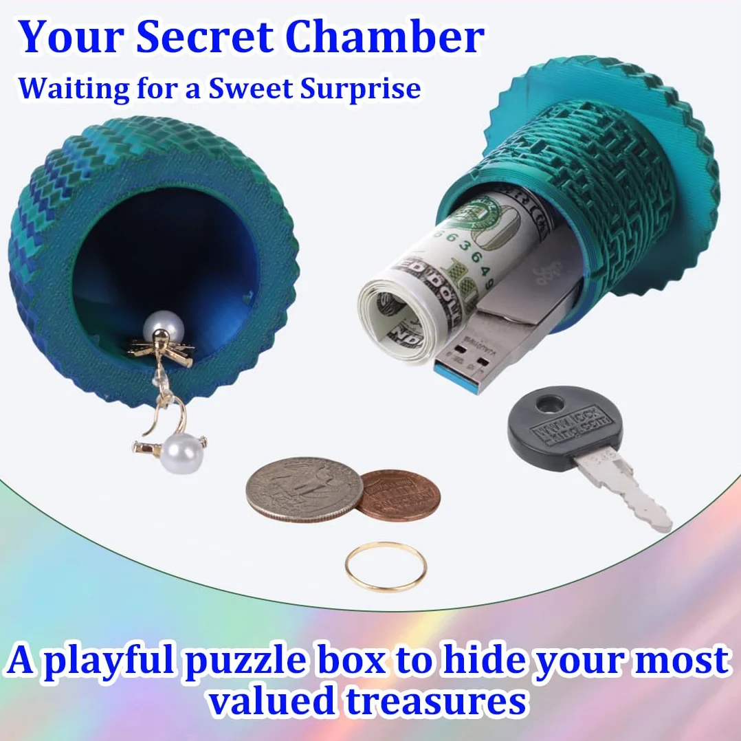 YAYNO Caja Misteriosa Enigma Laberinto Ovalado Dinero Impresa 3D Azul-Verde Compartimento Secreto Cilindro Código Entrenamiento Concentración Pascua