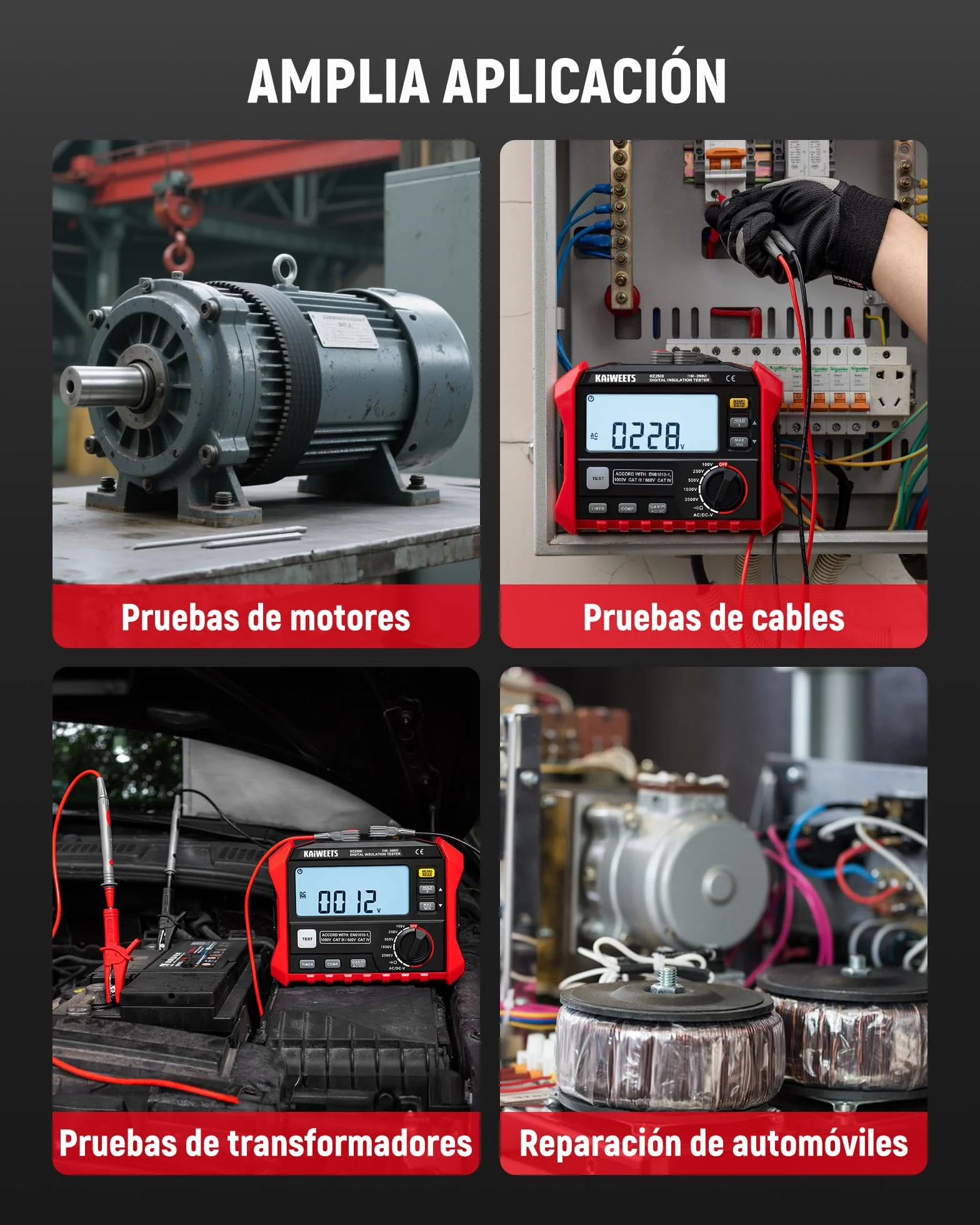 KAIWEETS Comprobador de Resistencia de Aislamiento, Hasta 200 GΩ, Megóhmetro Profesional, 5 Rangos 100 V/250 V/500 V/1000 V/2500 V, DAR/PI con Un Solo Toque, Máx./Mín., Mide Resistencia y Voltaje