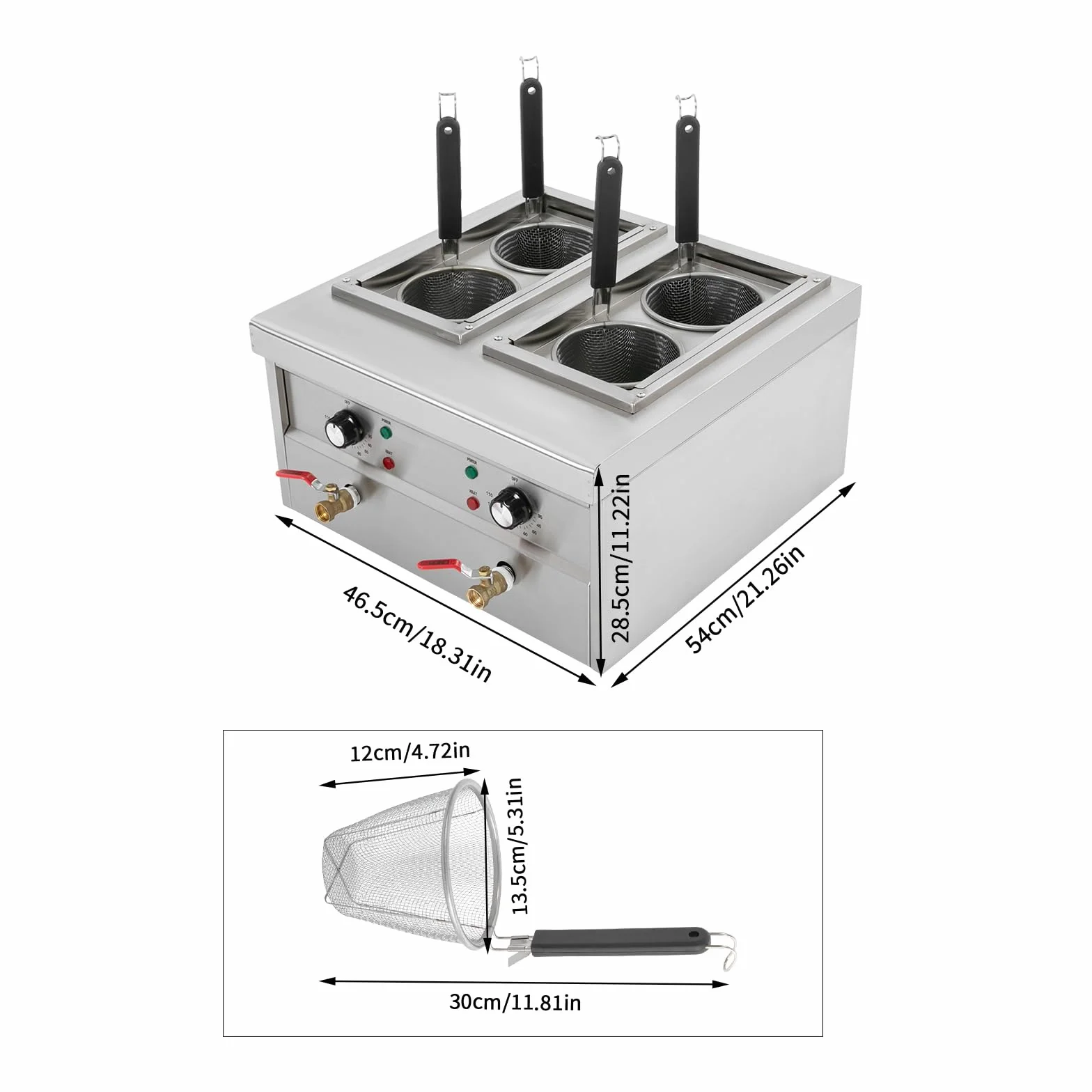 Hervidor de pasta eléctrico, 2 x 2 kW, cómoda máquina de cocinar pasta con 4 cestas de colador, 220 V, diseño de 4 agujeros, capacidad nominal 2 x 9 L, ajustable a 30 – 110 °C