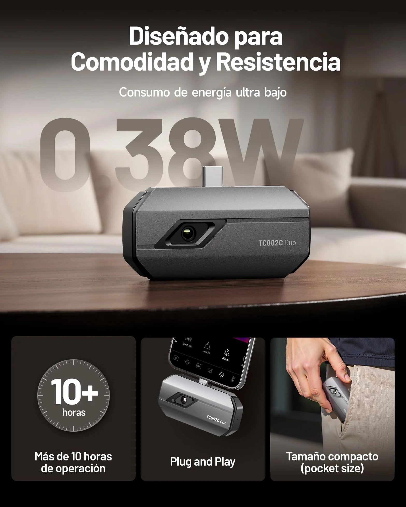 TOPDON Cámara Térmica TC002C Duo para iPhone/Android/Windows, 512x384 Resolución TISR, Cámara Termográfica de -20℃ a 550℃, 40mk Sensibilidad Térmica, 25Hz Frecuencia Actualización