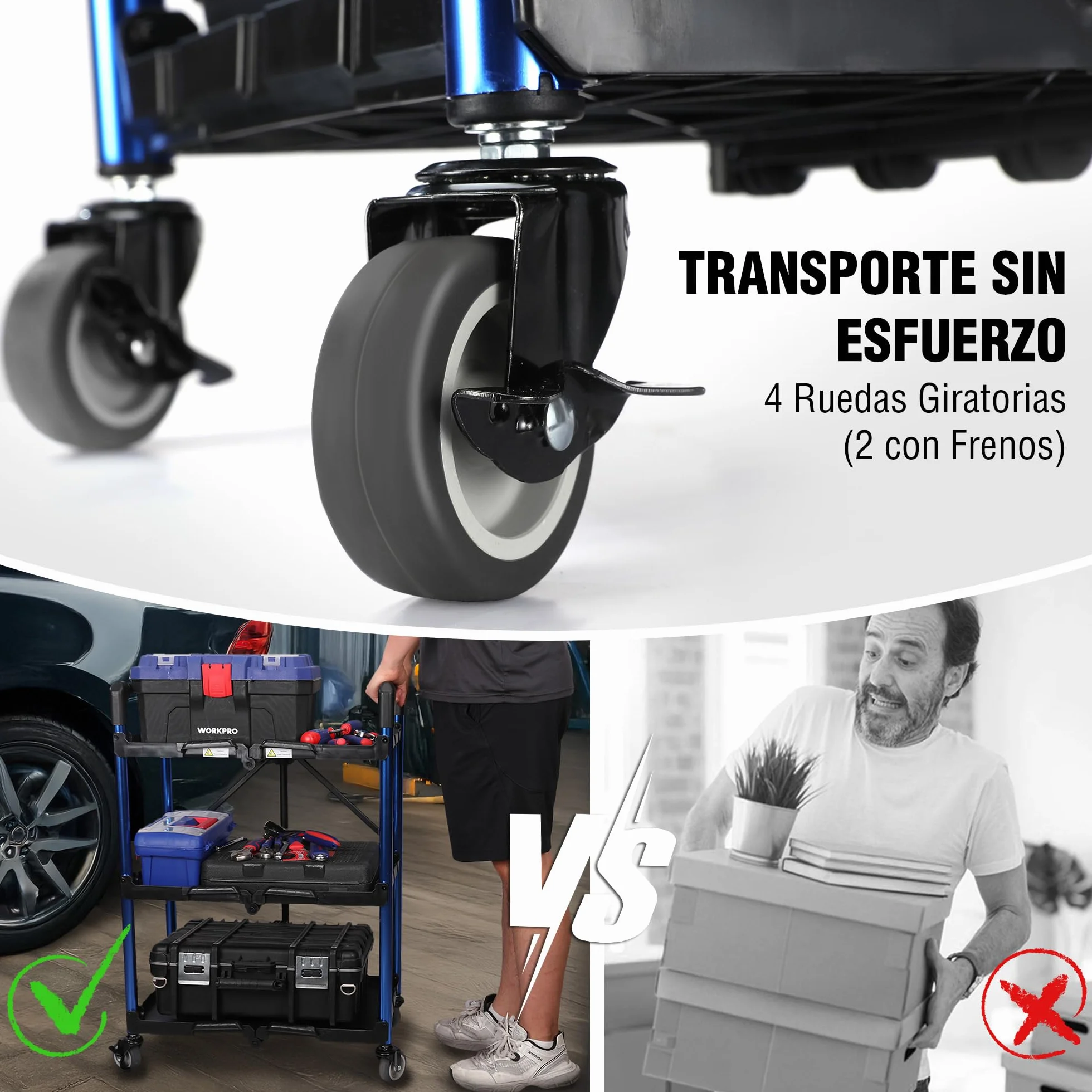 WORKPRO Carro de Servicio Plegable 3 Niveles, Capacidad de 96 kg, Carro Portátil para Herramientas, Ideal para Garaje, Almacén, Hogar, Restaurante, Oficina (Sin Montaje)