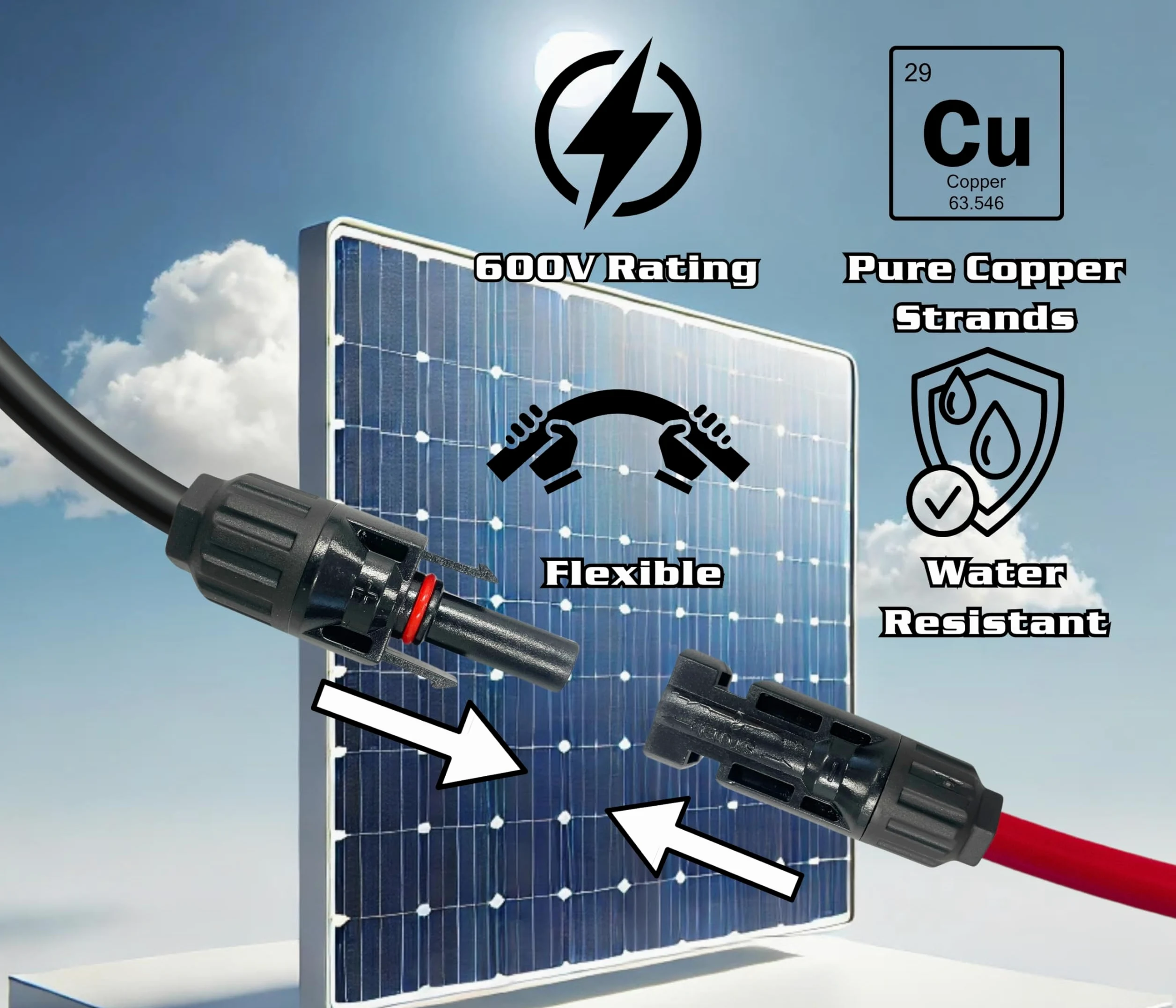 WindyNation Cable de extensión de panel solar de calibre 8 AWG 8, 1 par de conectores solares de cable de extensión de panel solar de 15 pies de color negro + 15 pies (variedad de longitudes