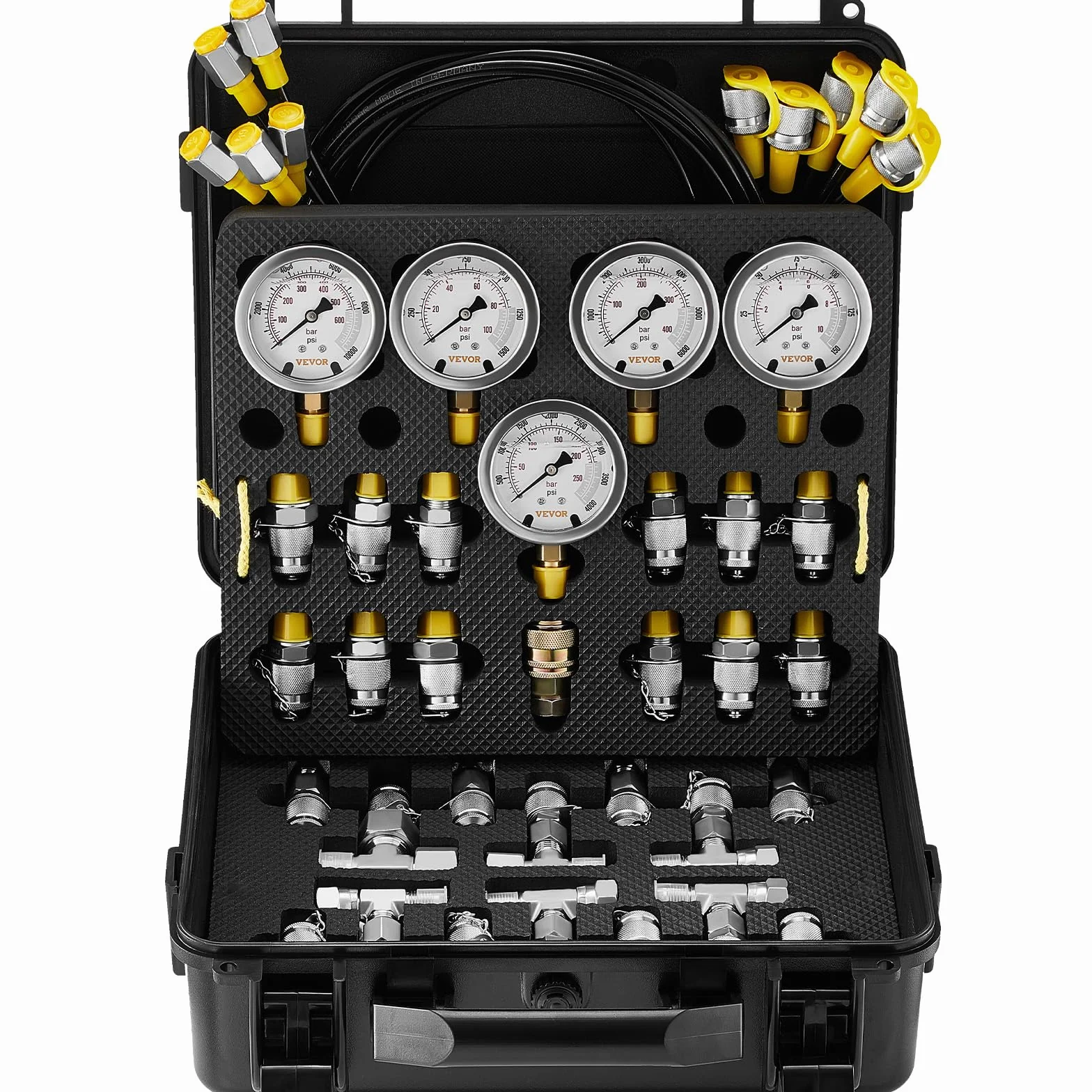VEVOR Kit de prueba de presión hidráulica, 10/100/250/400/600 bar, 5 manómetros, 13 accesorios, 14 conectores en T, 5 mangueras, manómetro con estuche de transporte para excavadoras