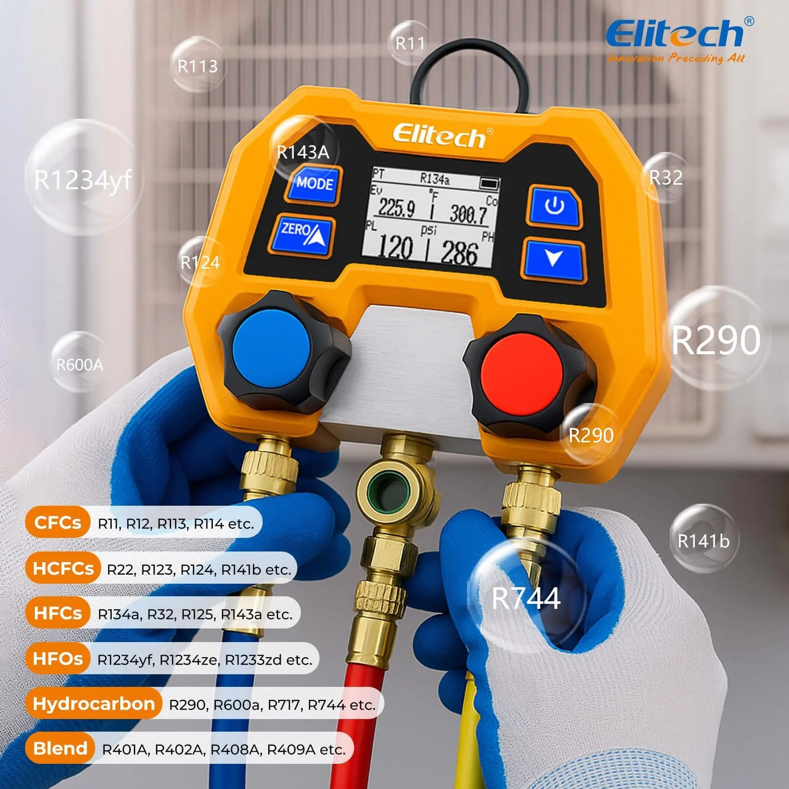 Elitech Manómetro Digital HVAC DMG-2SE Medición Presión Temperatura 3 Puertos Pantalla LCD R410A R454B R134
