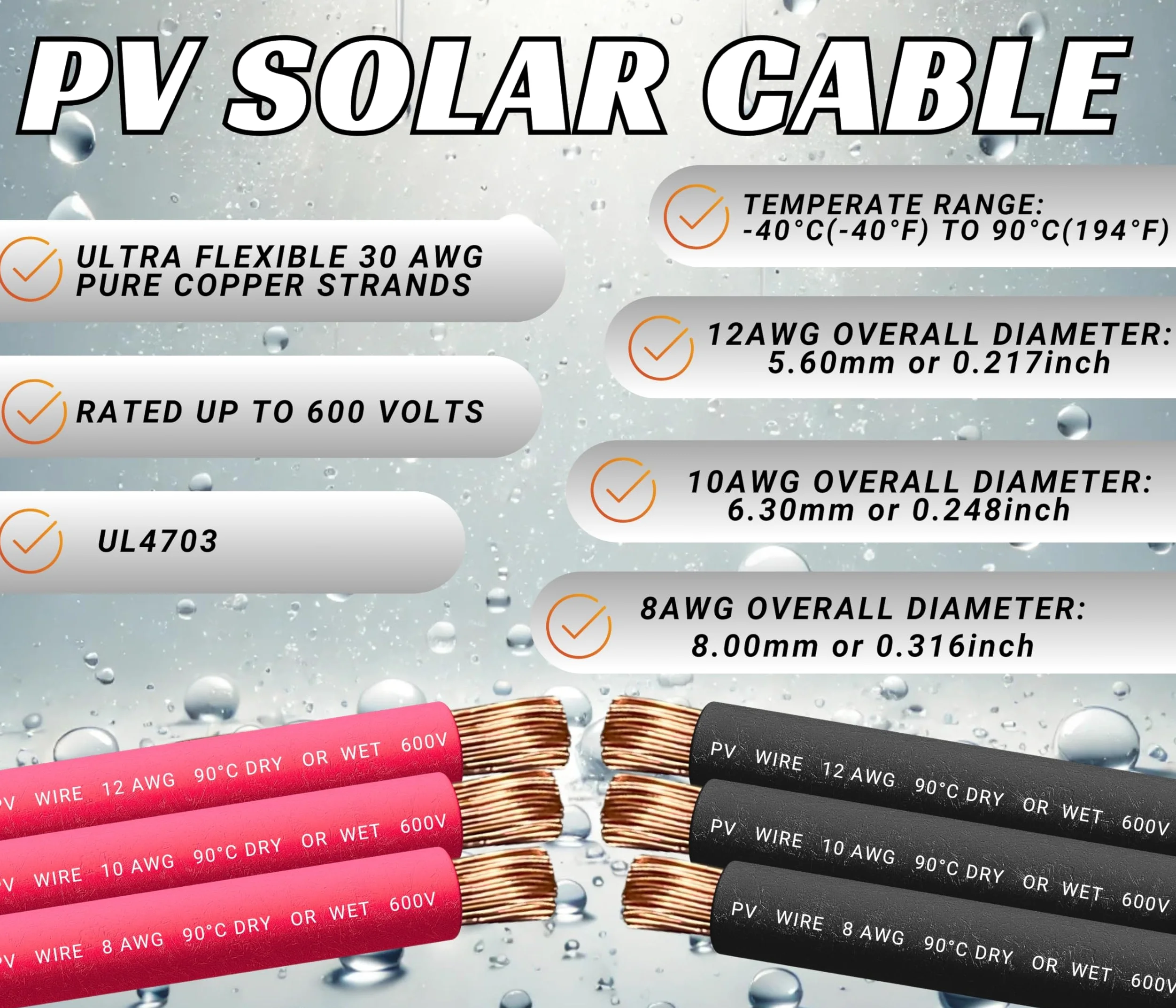 WindyNation Cable de extensión de panel solar de calibre 8 AWG 8, 1 par de conectores solares de cable de extensión de panel solar de 15 pies de color negro + 15 pies (variedad de longitudes
