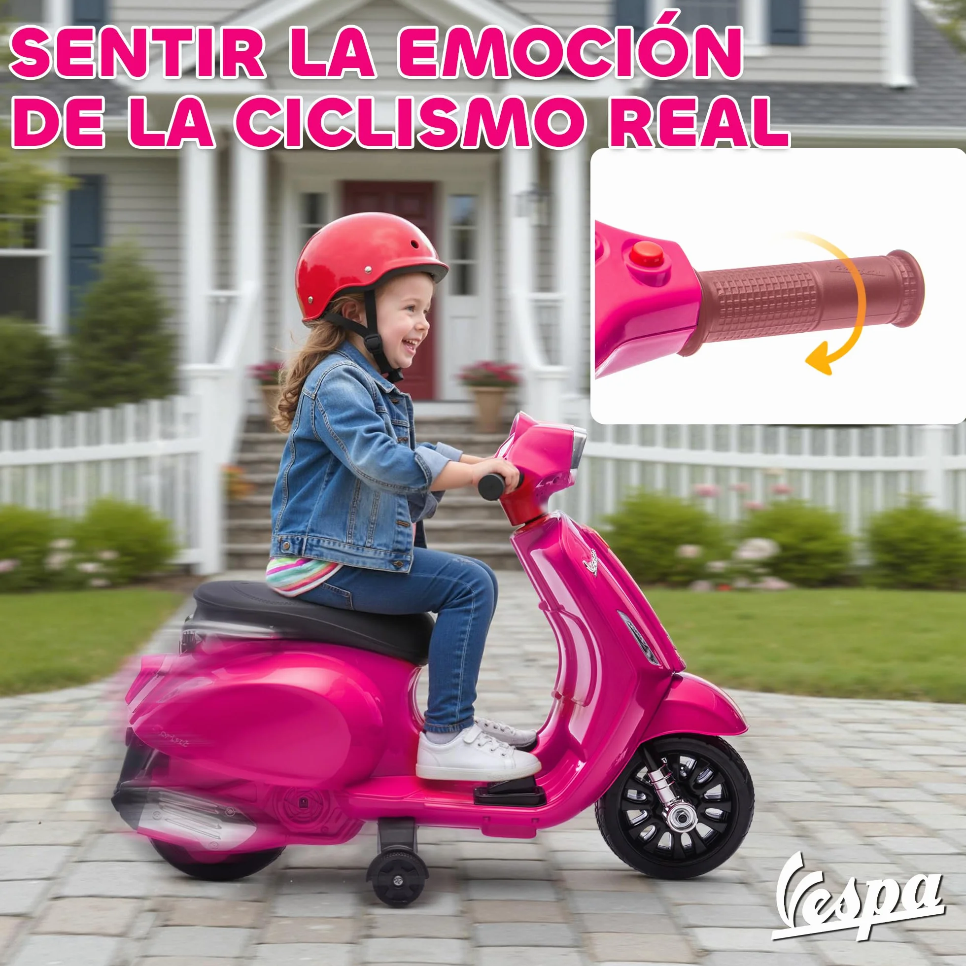 AIYAPLAY Moto Eléctrica para Niños 6V Vespa Licencia, Ruedas Auxiliares 6,9'', 2,5km/h, Faro Bocina, 2-6 Años Rosa