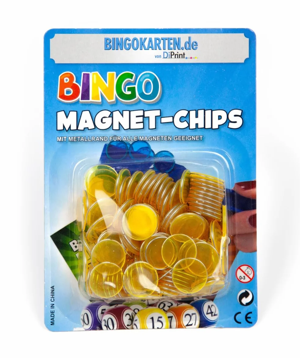 Chips magnéticos de bingo con borde metálico amarillo - 100 unidades