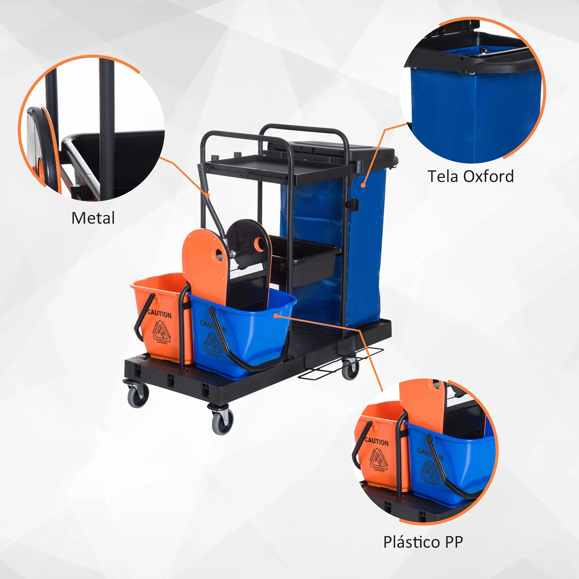 HOMCOM Carro de Limpieza con Bolsa de Basura Carro de Servicio con Cubos de Fregar de 18L Escurridor de Prensa y Estantes para Hotel 111x63,3x103 cm Multicolor
