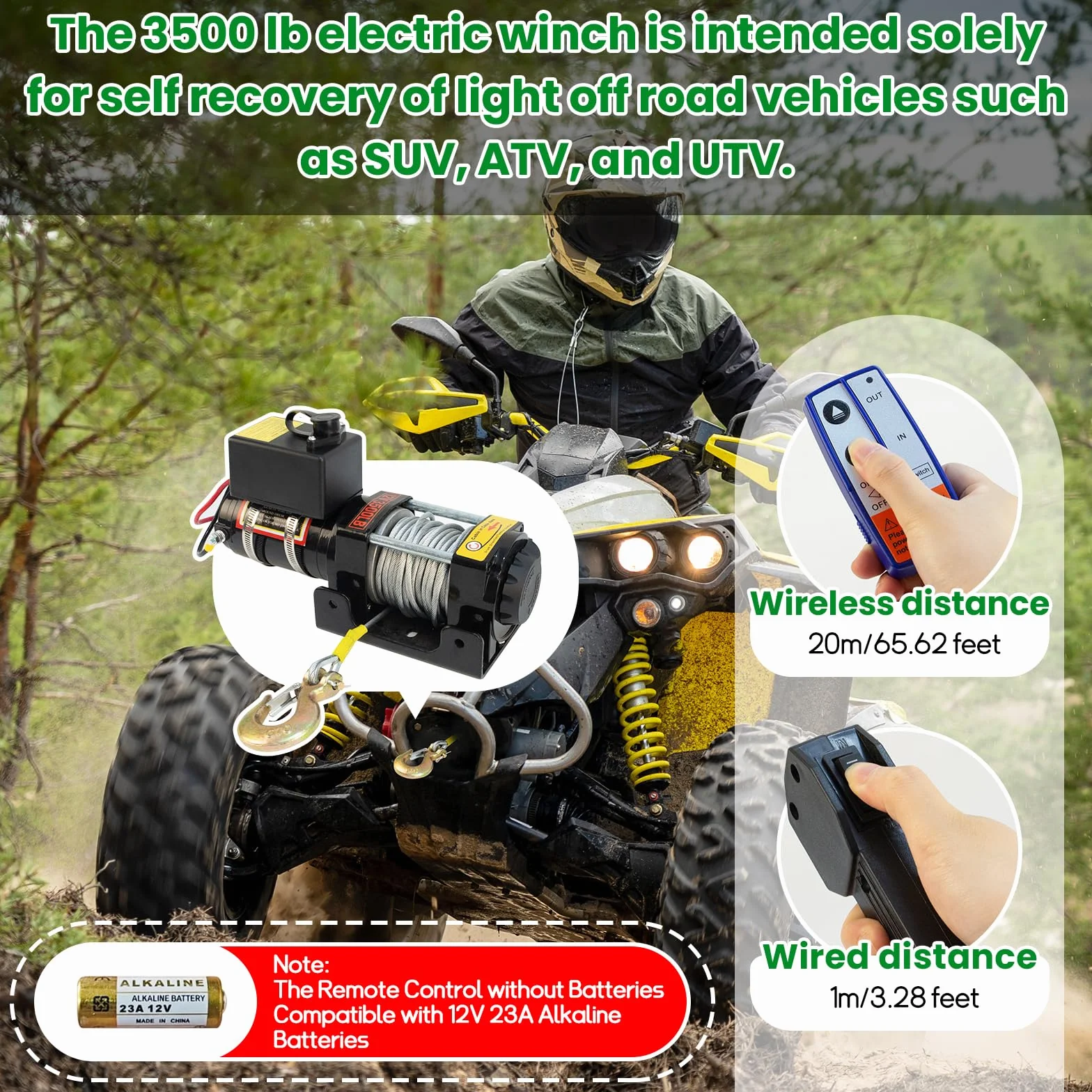Cabrestante Eléctrico 3500lb/1588kg, Cabrestante Eléctrico 12V con Control Remoto Inalámbrico y Manual, Motor de Cobre Impermeable Ideal para el Auto Recupero de Vehículos Todoterreno Ligeros