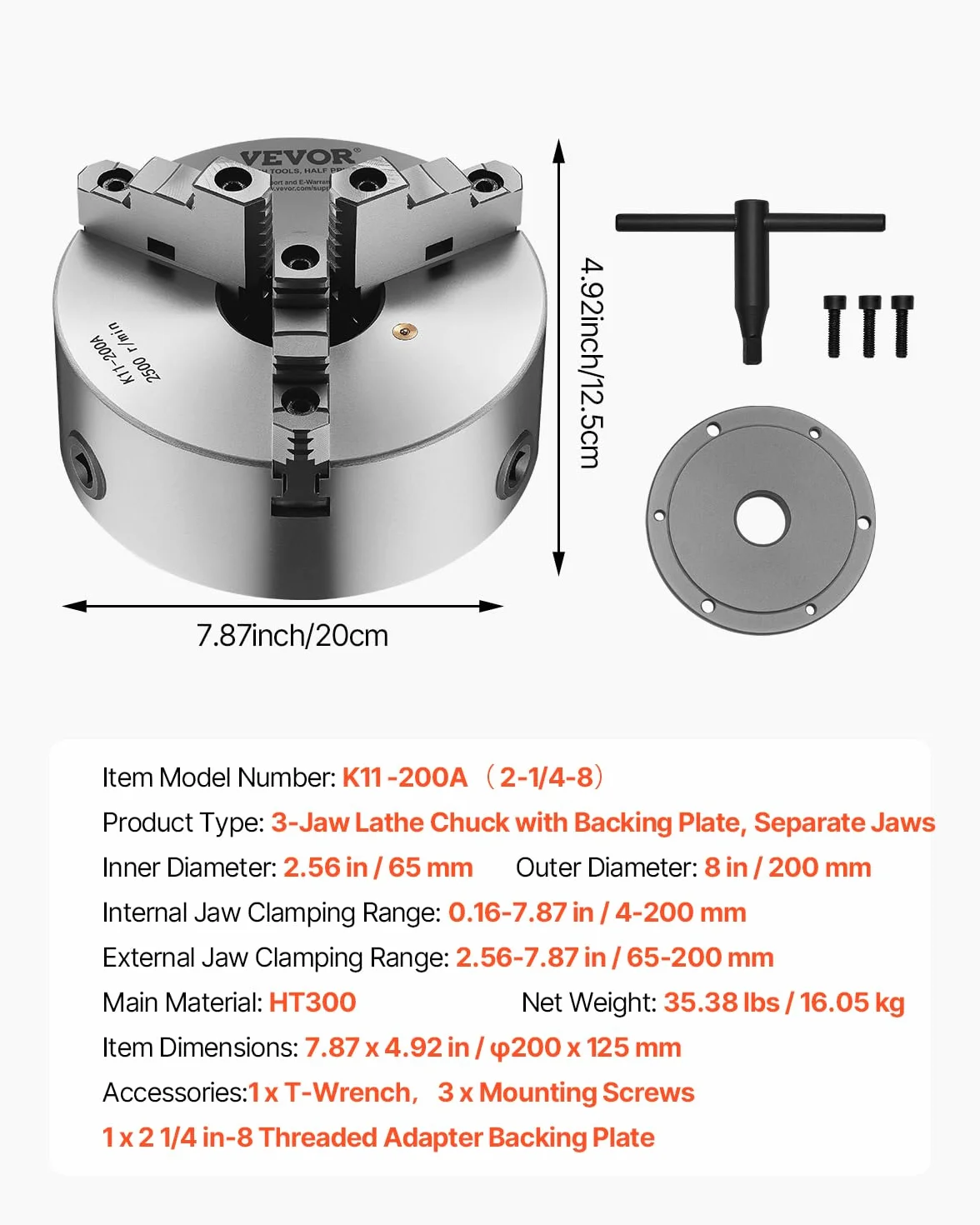 VEVOR Mandril de Torno de 3 Mordazas Diámetro Exterior de 200 mm, Autocentrante con Placa de Soporte Roscada, Rango de Sujeción de 4-200 mm con Tornillos de Llave en T para Torno de Madera y Metal