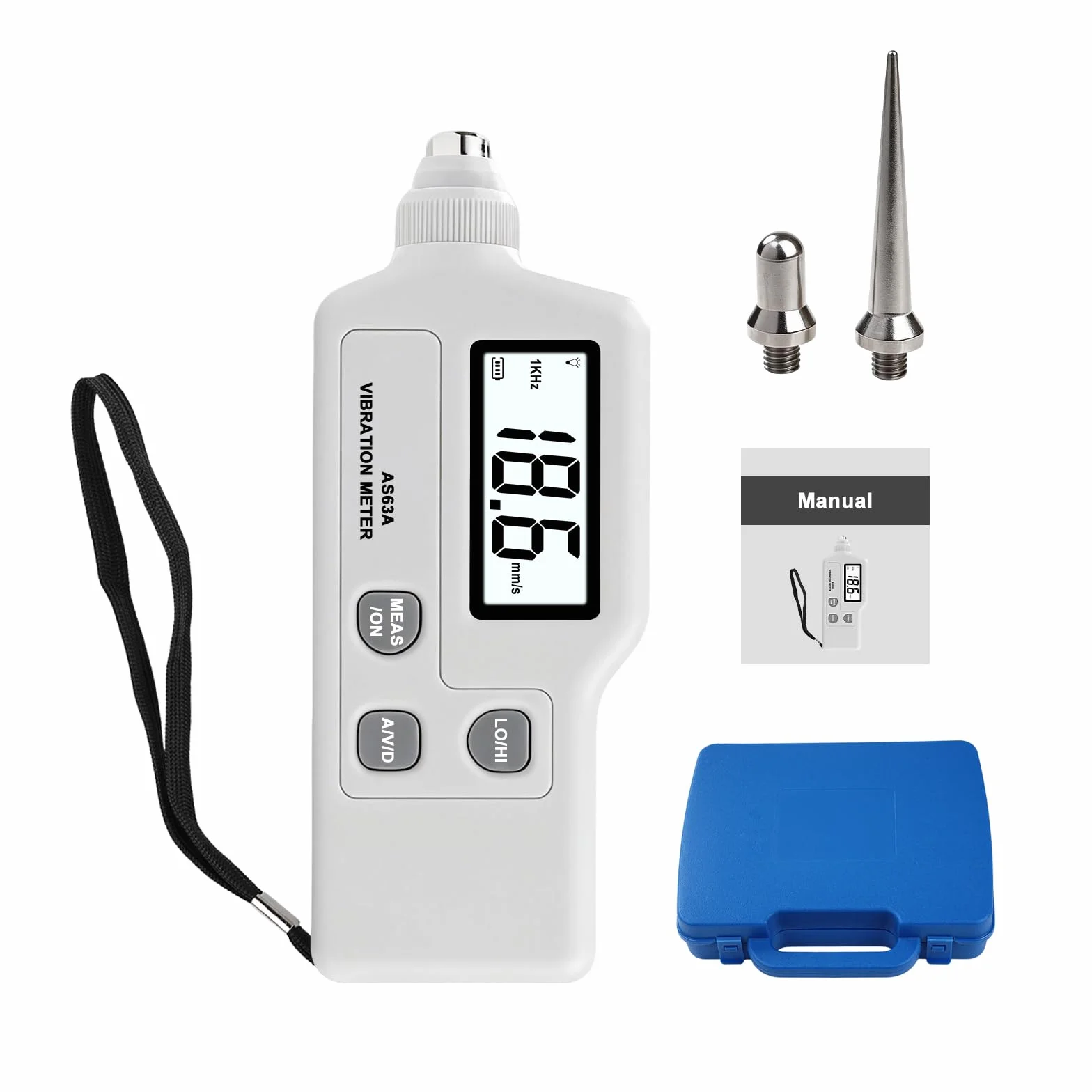 AS63A Medidor de Vibraciones, Medidor Digital de Vibracion,Analizador de Vibraciones con pantalla LCD Medición de aceleración,velocidad y desplazamiento,para Industria,Construcción,Automoción
