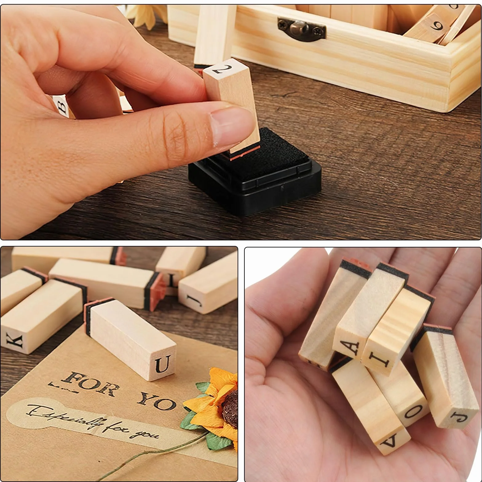 TNSLAND Juego de 40 sellos de madera de alfabeto y números para manualidades
