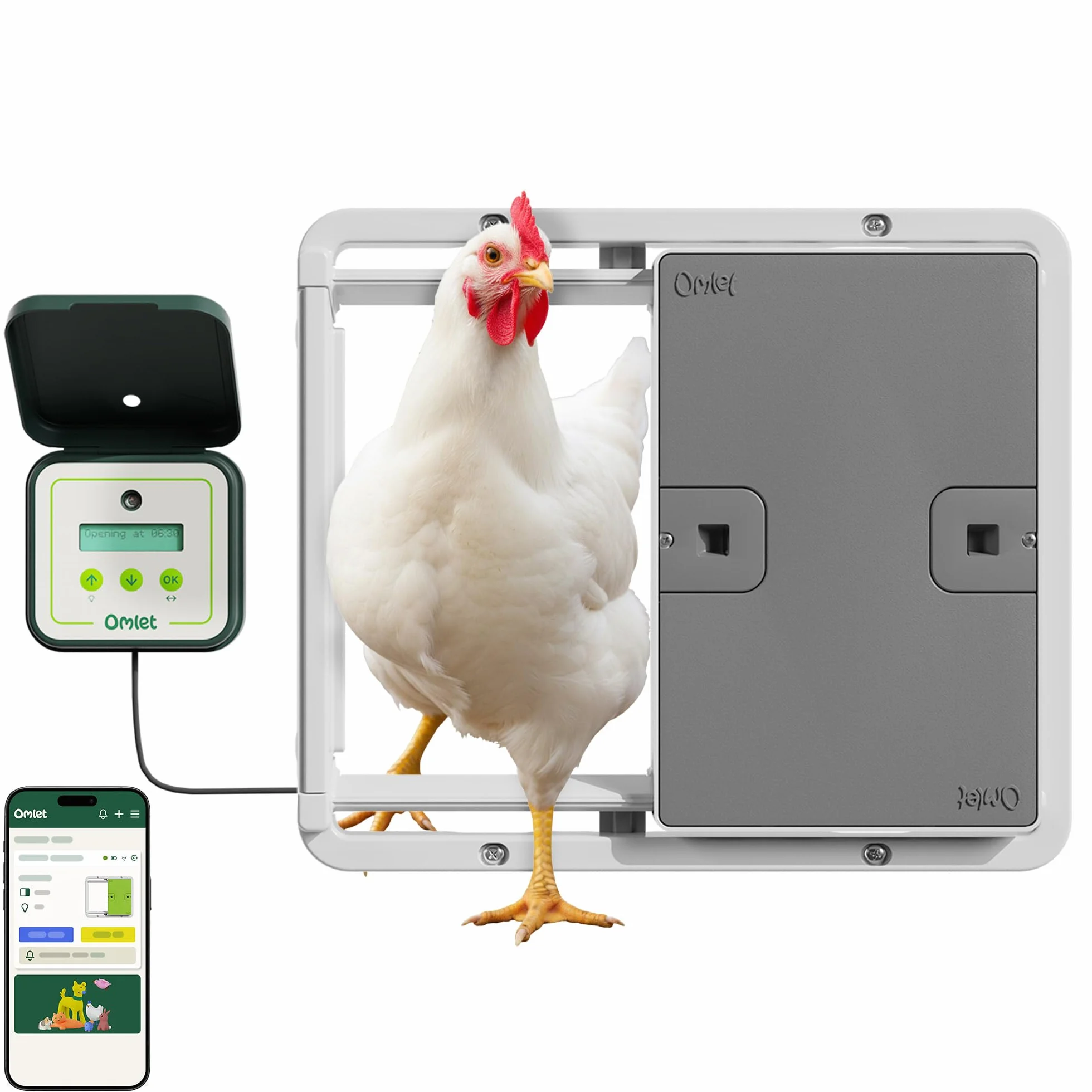 Omlet Puerta automática inteligente para gallinero | Wi-Fi habilitada | Programable con aplicación o panel de control | Operada por sensor de luz o temporizador | Alimentada por red o batería |